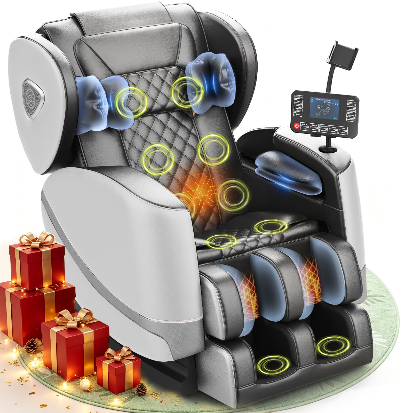 Massagesessel, Ganzkörper-Massagesessel mit Zero-Gravity, 14 Rollen und 8 Komfort-Airbags, Mit Heizfunktion für Taille und Beine Fußmassage, Bluetooth-Player und 2-in-1 Touchscreen (Schwarz + Braun)