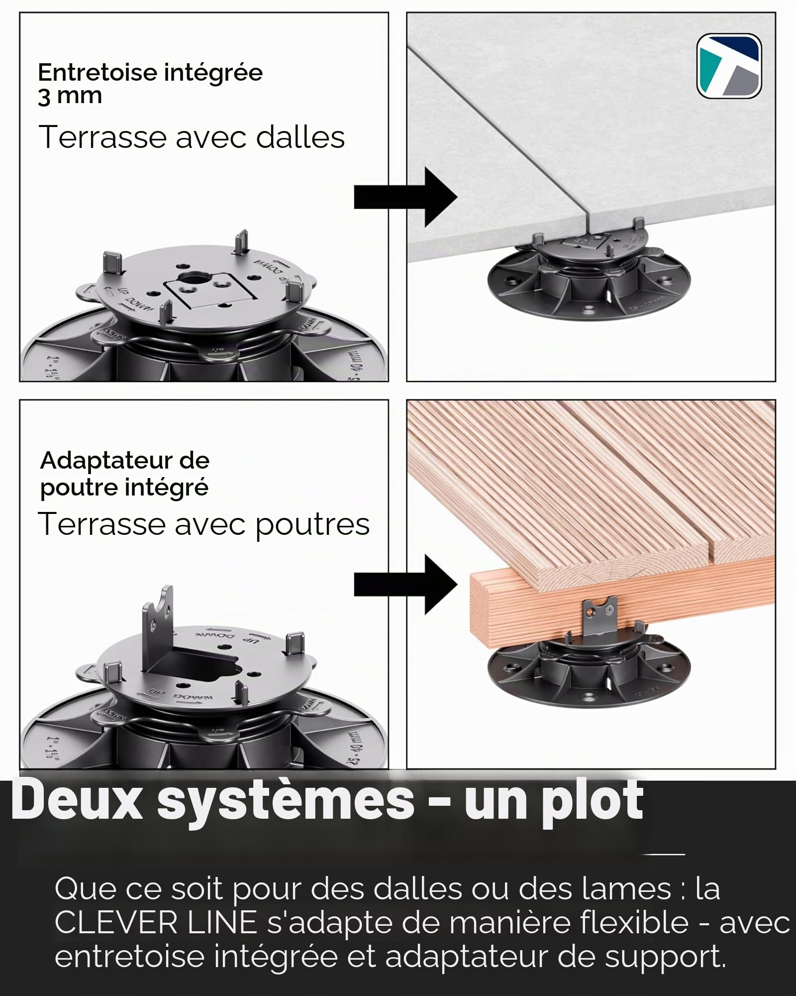 Trevendo CLEVER LINE Lot de 25 plots (25-40 mm), réglables en hauteur, pour plaques de pierre, planches en WPC et en bois, capacité de charge jusqu'à 500 kg, avec croix de joint et adaptateur en L