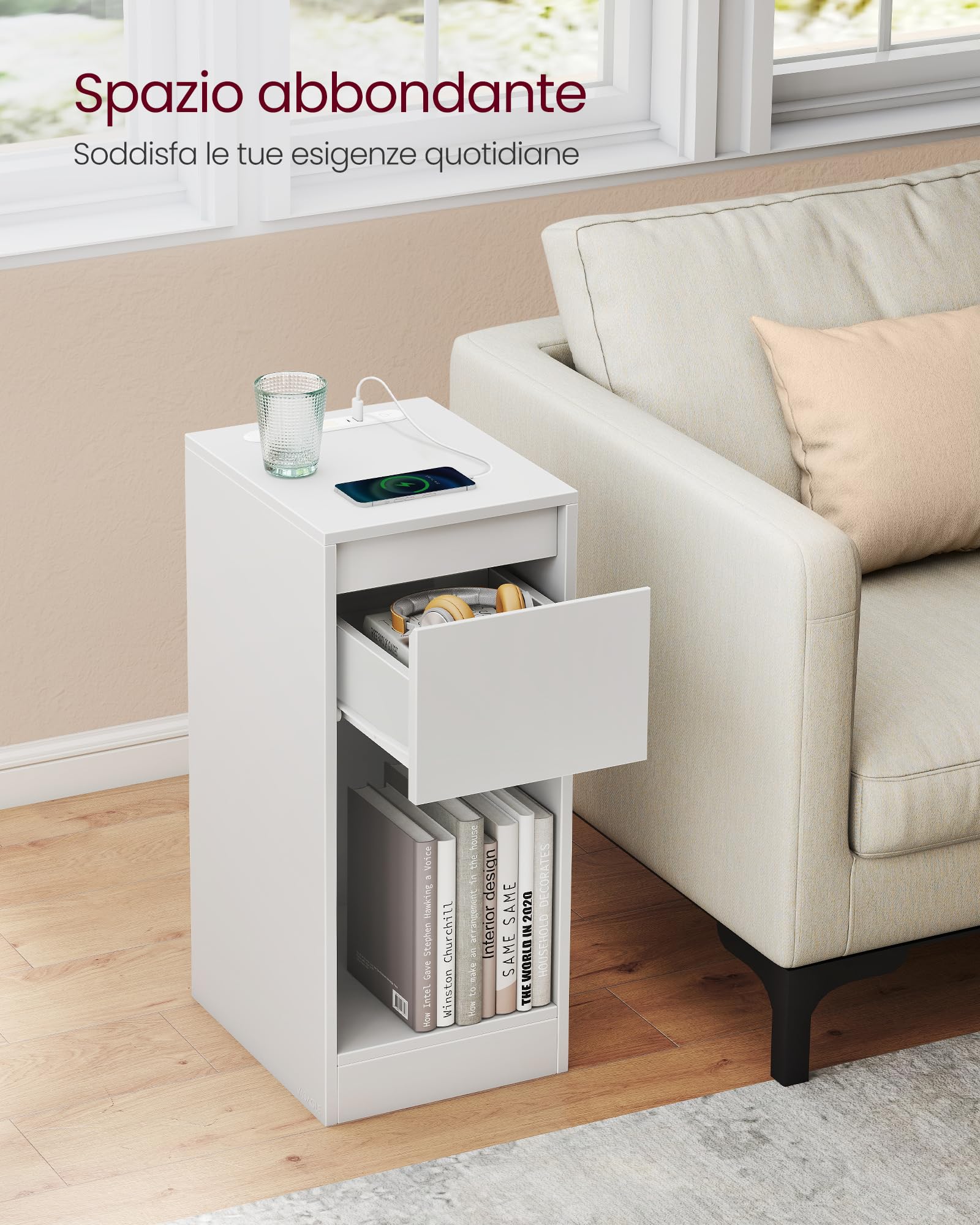 VASAGLE Comodino sottile con stazione di ricarica e luce LED, set di 2 tavolini laterali stretti, porte USB, cassetto e scomparto aperto, per camera da letto, soggiorno, bianco nuvola LET710W01