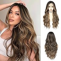 Vista 21 de NAYOO Peluca negra de 26 pulgadas de largo para mujer, peluca sintética ondulada natural con parte media, resistente al calor, peluca de cabello