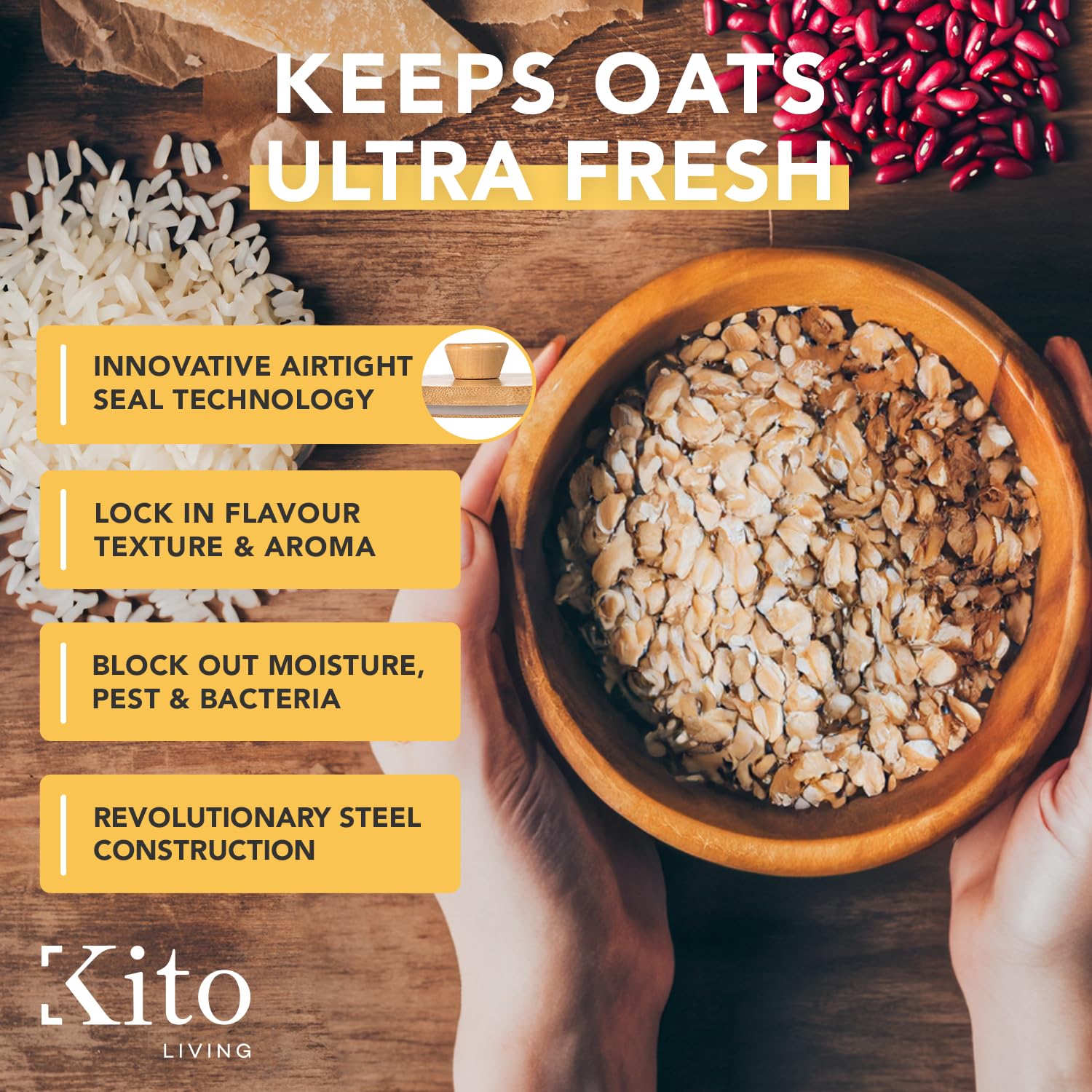 Kito LIVING Contenedores de almacenamiento de avena y arroz de frijol con tapas herméticos, almacenamiento de alimentos organización despensa cocina bujes con tapas de bambú, apilables y