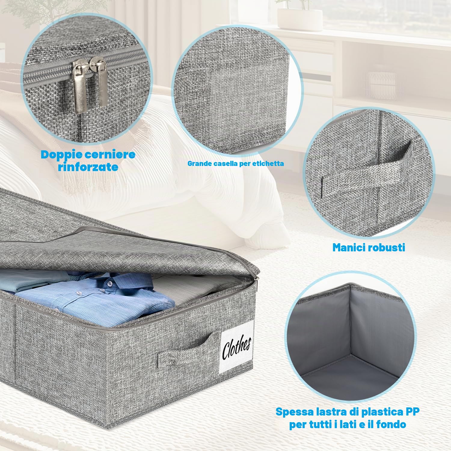 Scatola portaoggetti sotto il letto con coperchio, confezione da 4 pezzi, 12 cm, sottile, a basso profilo, organizer per vestiti, per casa, coperte e giocattoli, sotto il divano e la culla, organizer