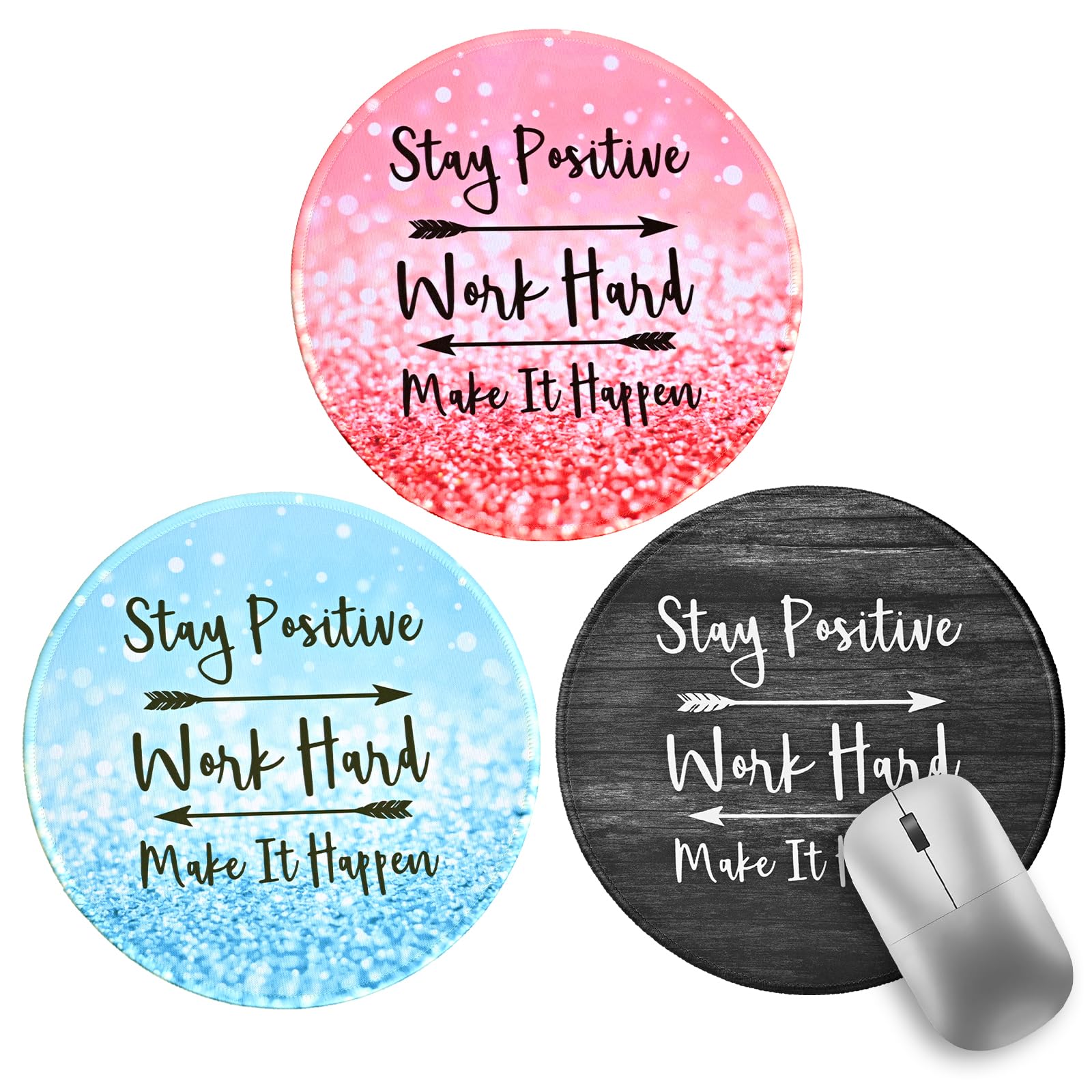 Funny Work Office Mouse Pad, 3 Pack Small Round Mouse Pads for Desk, Mini Travel Mousepad Mat for Wireless Computer Laptop, Office Desk Accessories, 8.6 x 8.6 inch (3 Pcs Stay Positive)