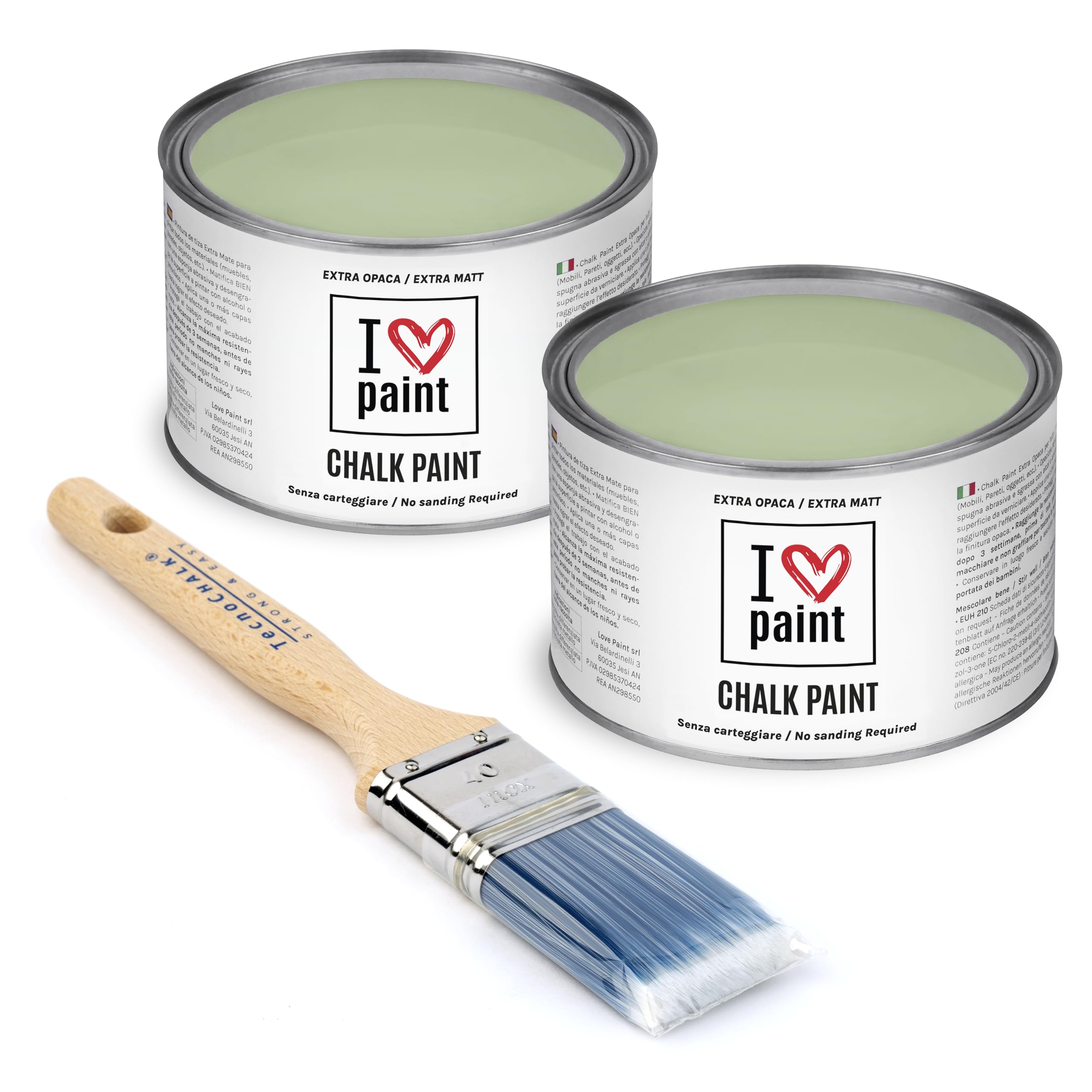 I Love Chalk Paint Salvia – Set Risparmio 2 Barattoli + Pennello – 750 ml totali – Vernice Effetto Gesso per Mobili – Chalk Paint Pittura Tutto Senza Carteggiare