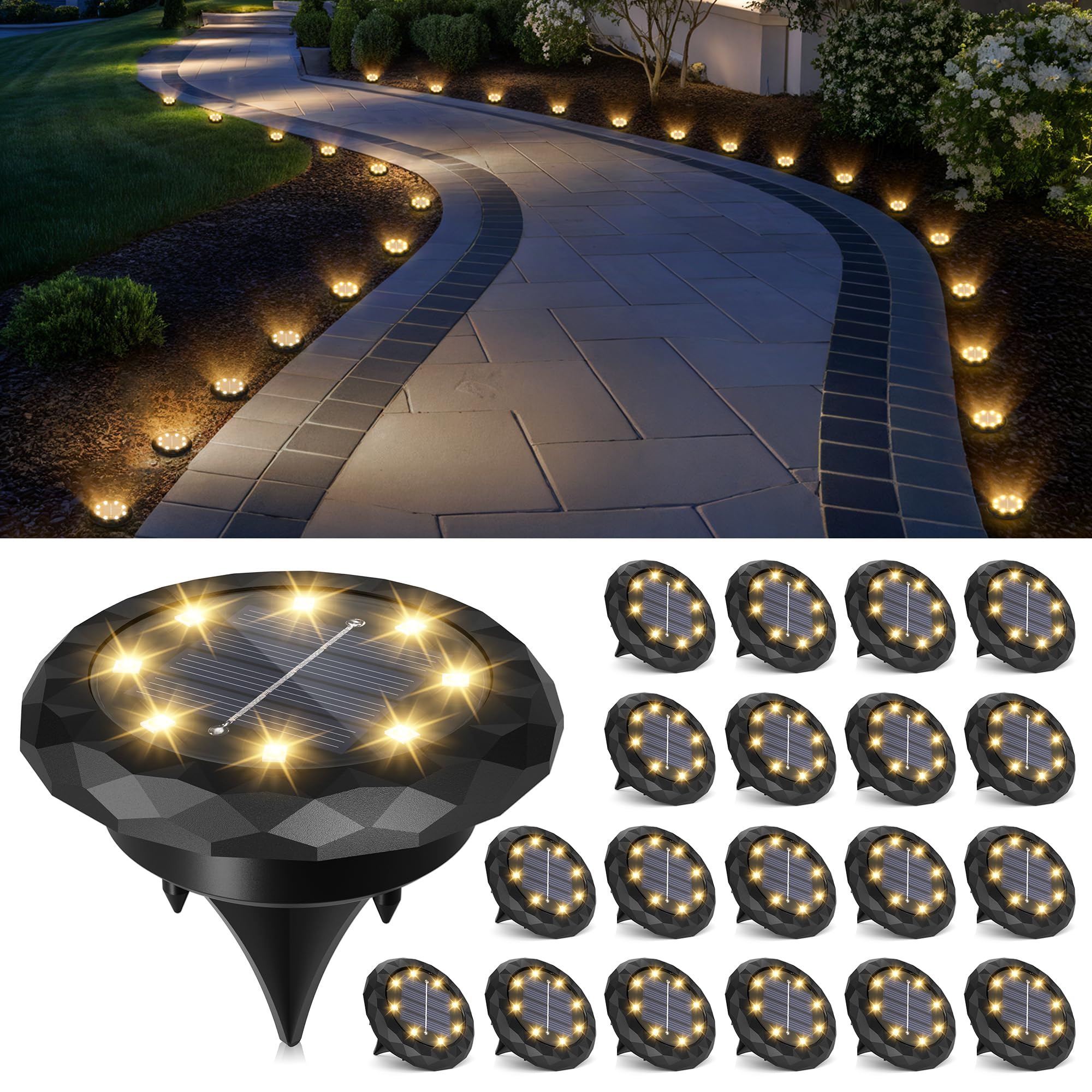 Solpex 20 sztuk solarnych lamp ogrodowych, solarnych lamp podłogowych, IP65, wodoodporne, oświetlenie tarasowe, do podjazdu, na basen, do ogrodu, na dziedziniec (20 szt., ciepła biel)