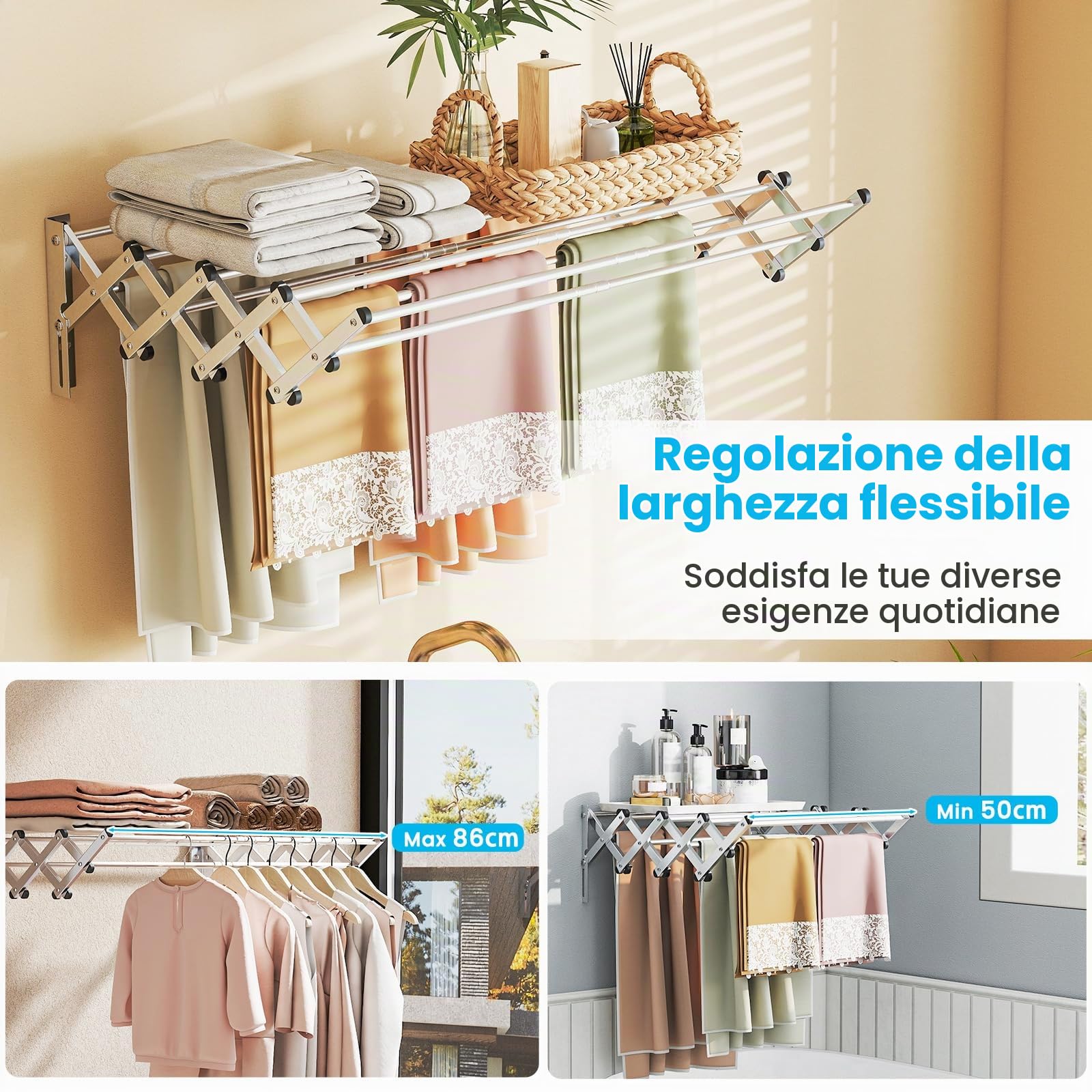 HOMASIS Stendibiancheria da Parete con 8 Aste in Acciaio Inox, Stendino da Parete per Bagno/Lavanderia, Stendino a Muro Richiudibile e Salvaspazio, Argento (50-86 x 63 x 22 cm)