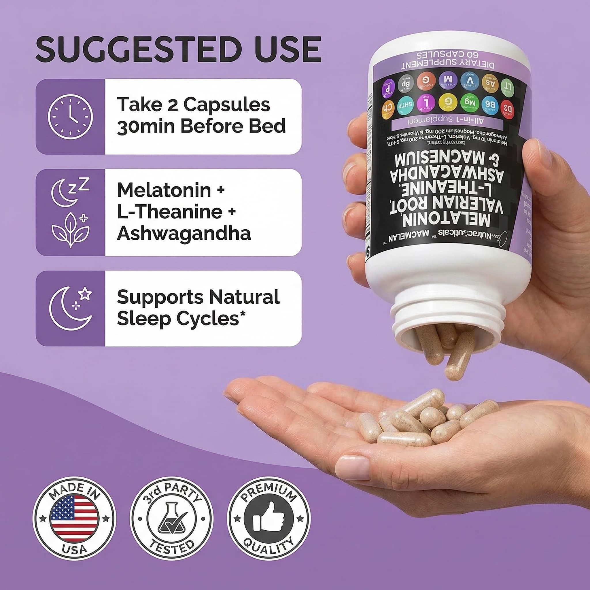 Clean Nutraceuticals Melatonin 10mg Valerian Root L Theanine 200mg Ashwagandha - Sleep Support for Women & Men with Magnesium Complex, Lemon Balm, Chamomile, & Passion Flower - 60 Caps — Amazon image 6