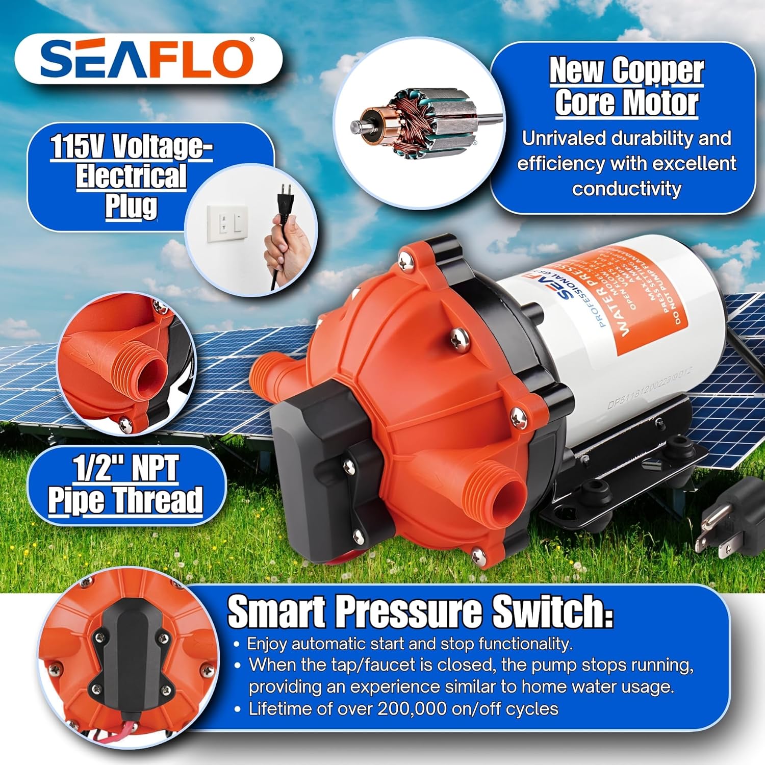 SEAFLO 55 Series pump highlighting its 115V electrical plug and 1/2 inch NPT pipe thread connections.