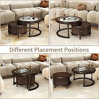 Vista 16 de LKTART Mesa auxiliar anidable para sala de estar, mesas de centro redondas de madera maciza de vidrio templado con almacenamiento, mesa central