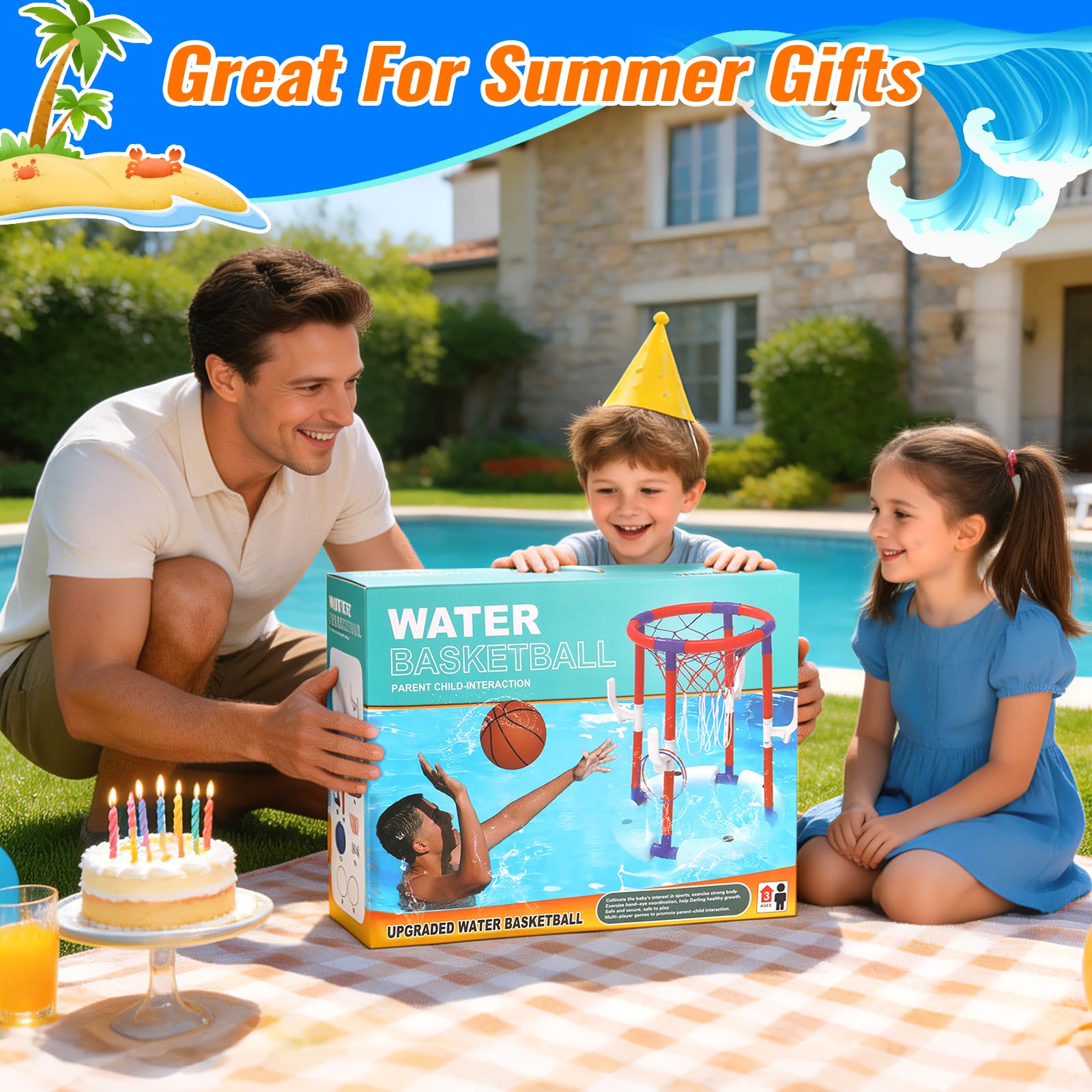 Canestro galleggiante da pallacanestro, base stabile riempibile con acqua, 2 in 1, per bambini dai 3 anni in su, include 4 palline, 6 anelli e pompa, regalo estivo per feste in piscina