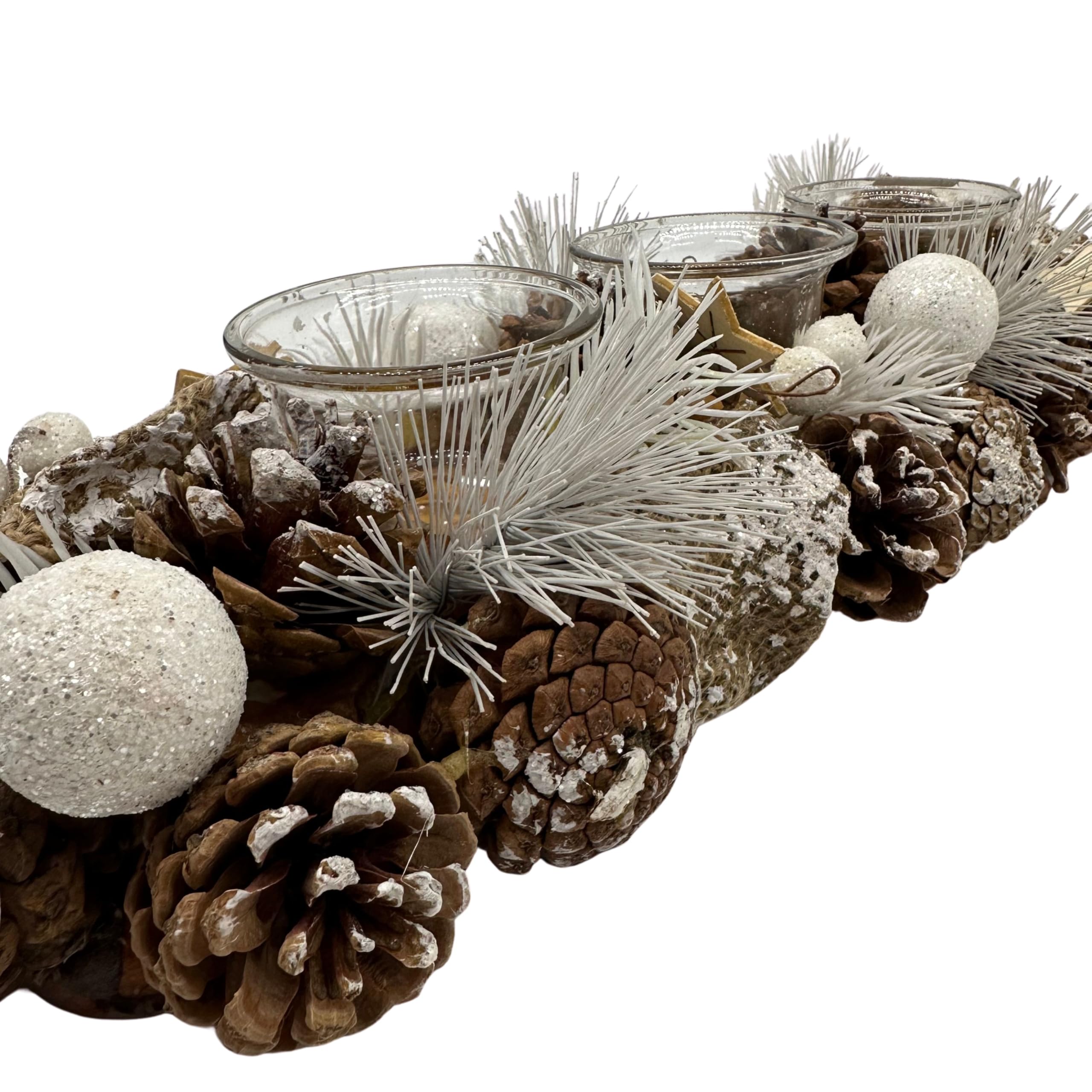 Gruppo Maruccia - Centrotavola Natalizio Artigianale in Legno con Pigne e Vasi Porta Candela - Decorazione Natalizia per la casa - Idea Regalo