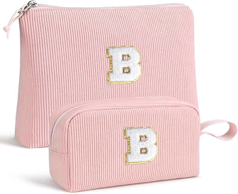 Gomens Conjunto com 2 Necessaires de Veludo Cotelê Rosa com Inicial, Zíper e Alça
