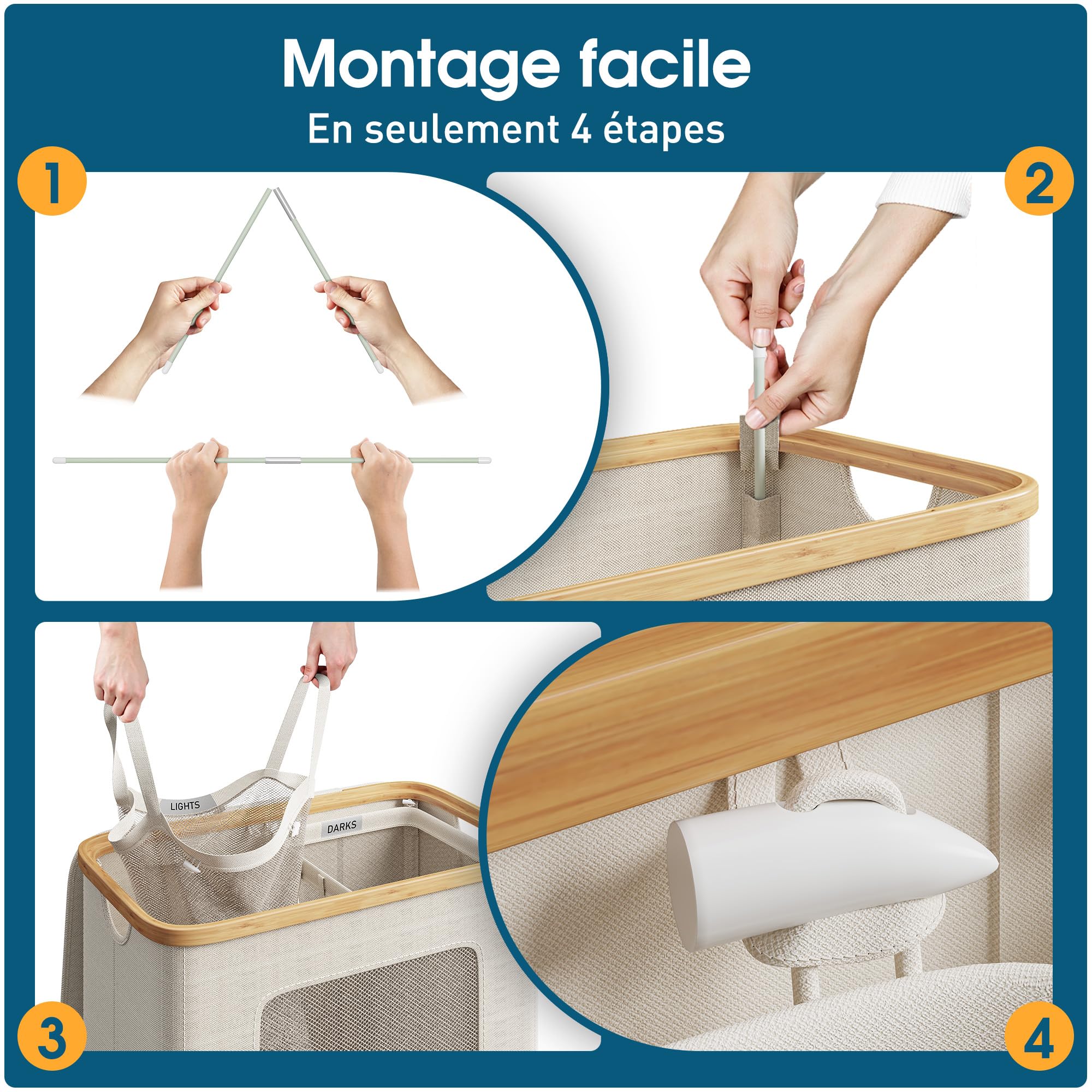 Panier à Linge 2 Compartiments avec Couvercle 140L, en Cadr Bambou & Tissu Oxford 600D Étanche, panier linge sale avec Sacs Intérieurs Amovibles, parfait pour la Buanderie, la Chambre, Beige