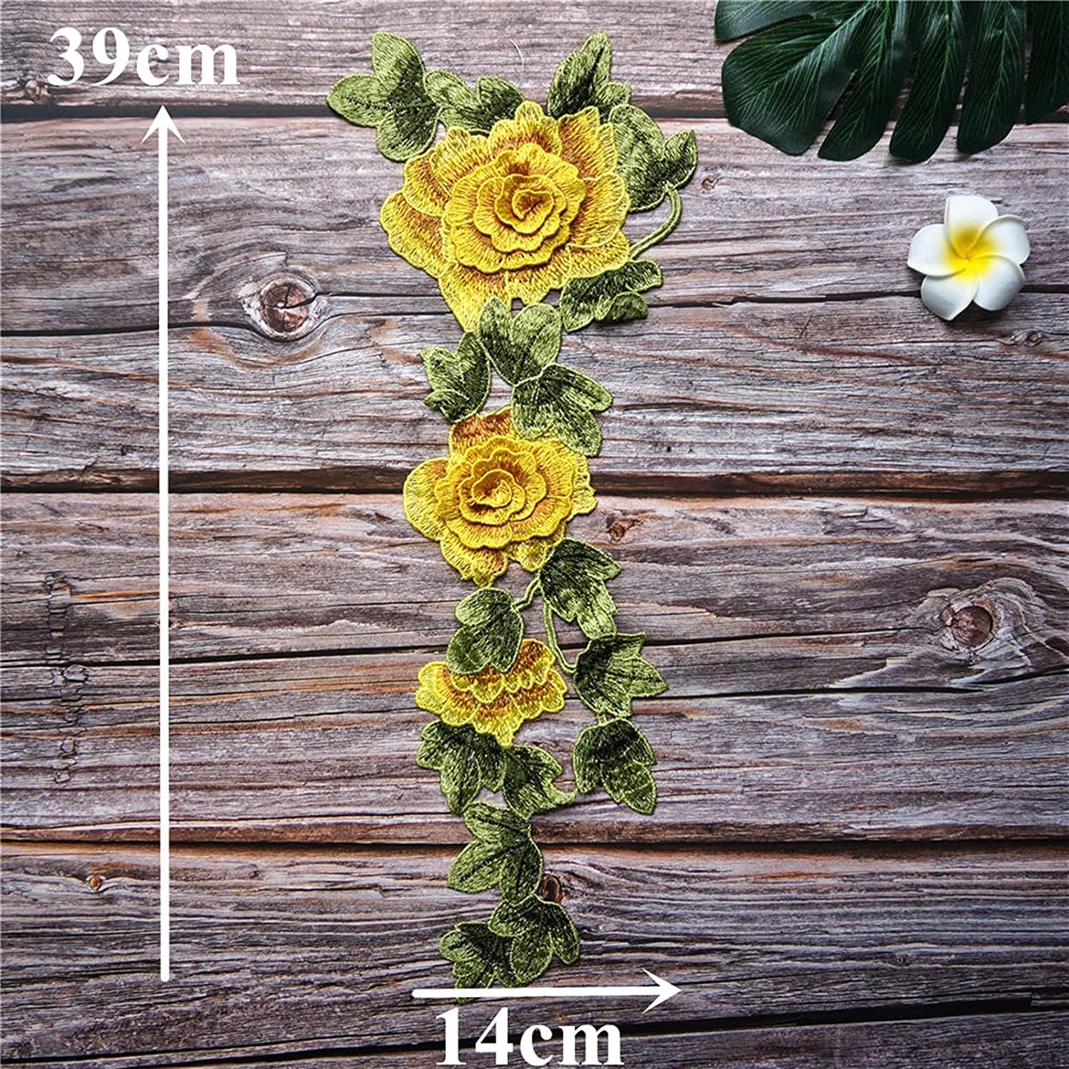 Aplikacje z tiulu, Aplikacja z koronki haftowanej naszywka koronkowa 14x39 cm żółta na suknię ślubną
