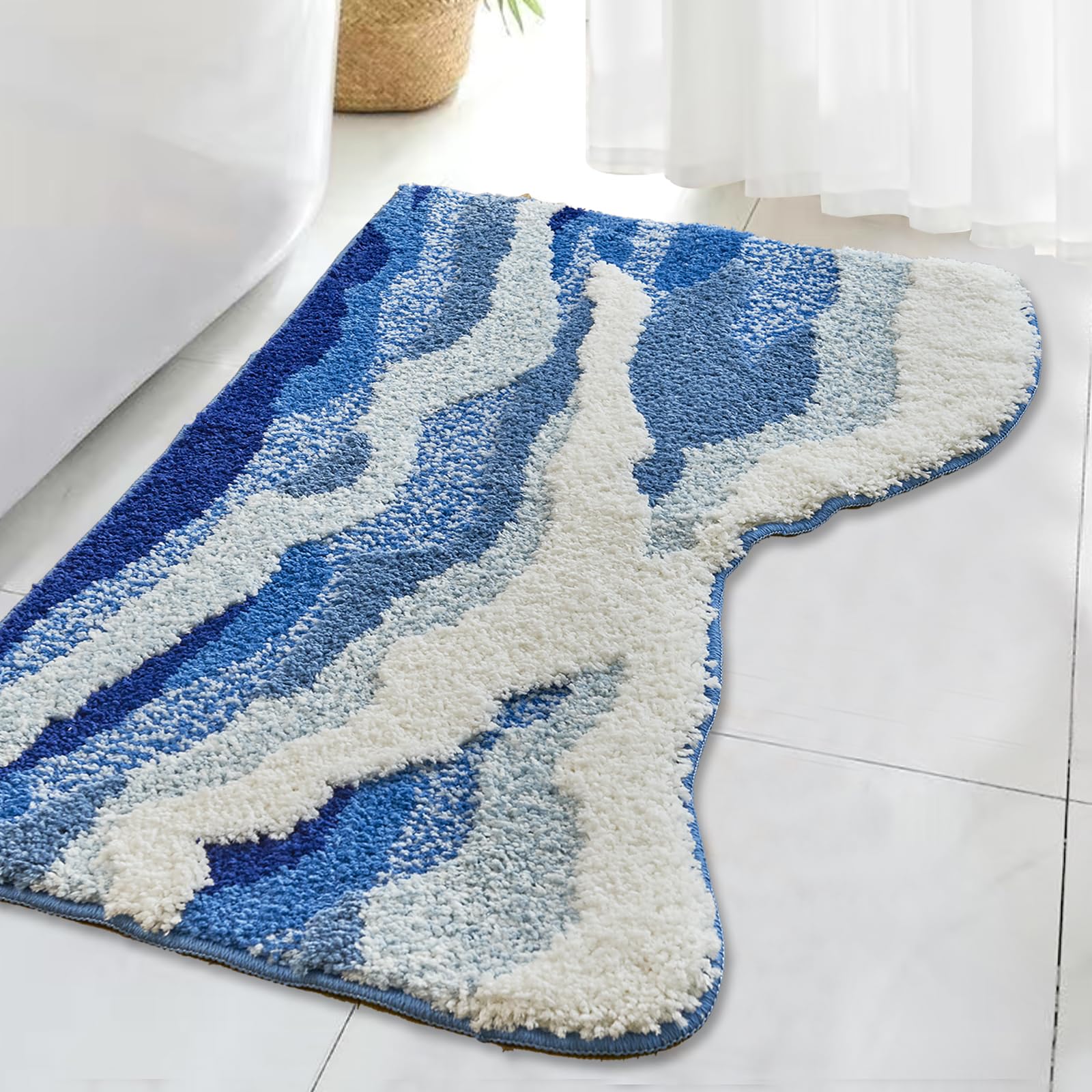 SiliPacks Blue Cute Coastal Beach Themed Bath MatsOcean Wave Tufted Bathroom Rugs, Cute Coastal Beach Themed Bath Mats, Non-Slip Washable Bath Rugs