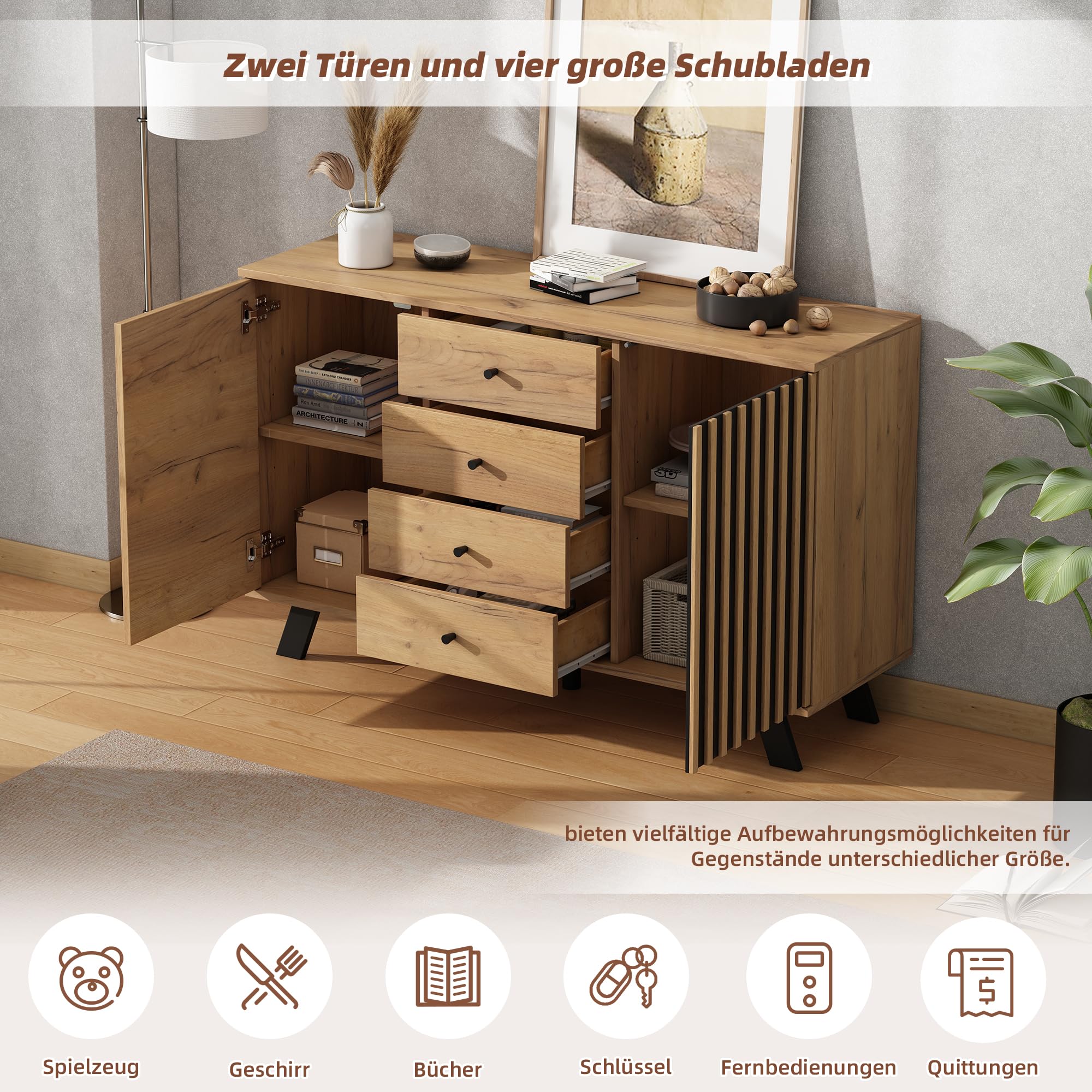 Sideboard Wohnzimmer, Buffetschrank, 120×38×75cm, Holzfarbe