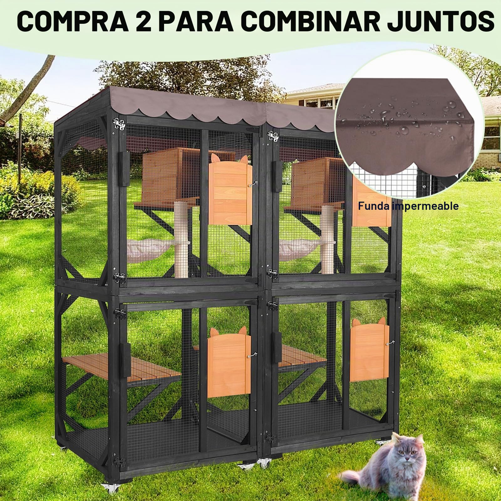 Seiyierr Catio - Jaula para gatos de 168 cm de altura, grande sobre ruedas, techo impermeable, estilo cangrejo y hamaca, jaula para gatos al aire libre, capa de PVC (marrón)