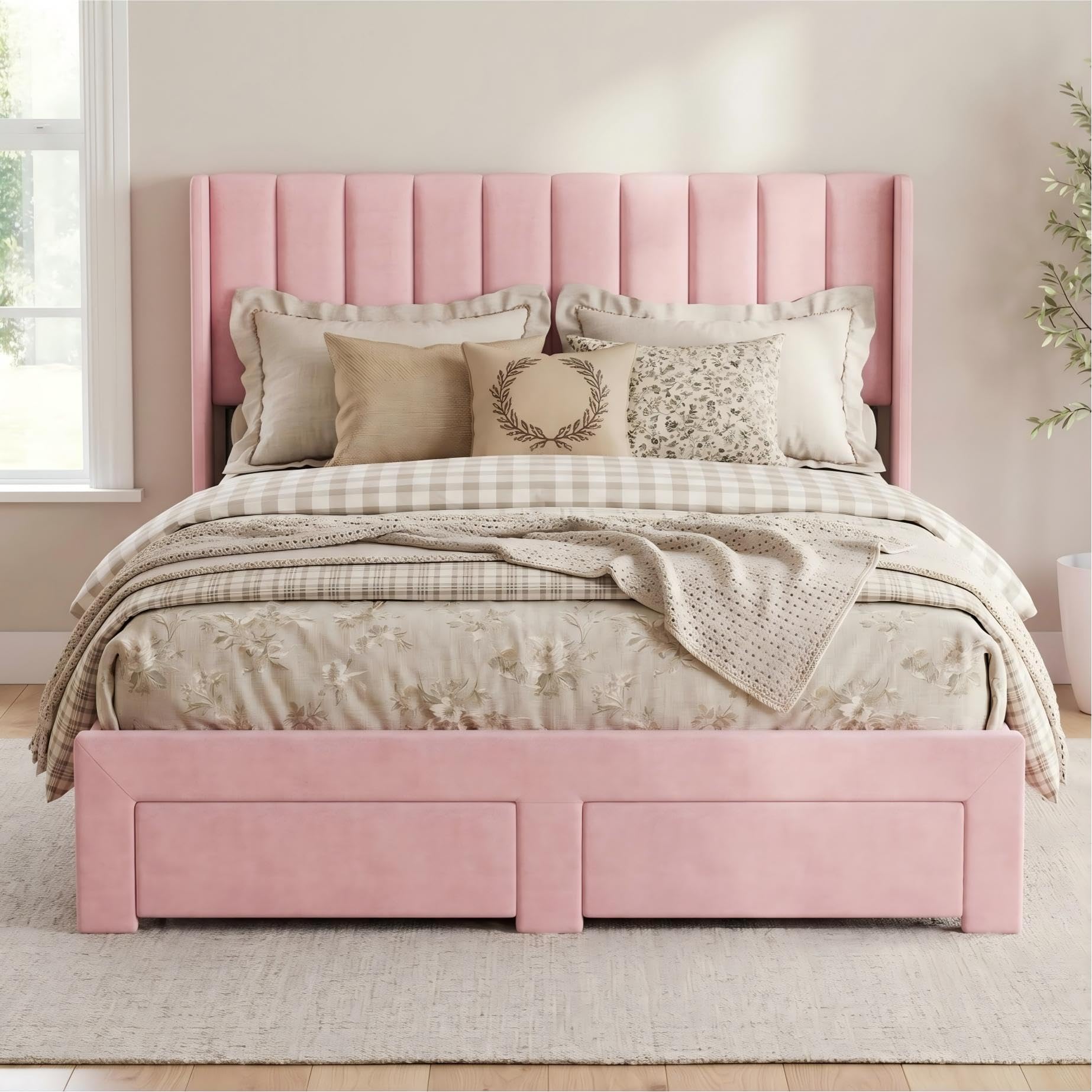 garvee full size bed frame, velvet upholstered bed frame with wingback headboard, 2 storage drawers, no box spring needed, pink