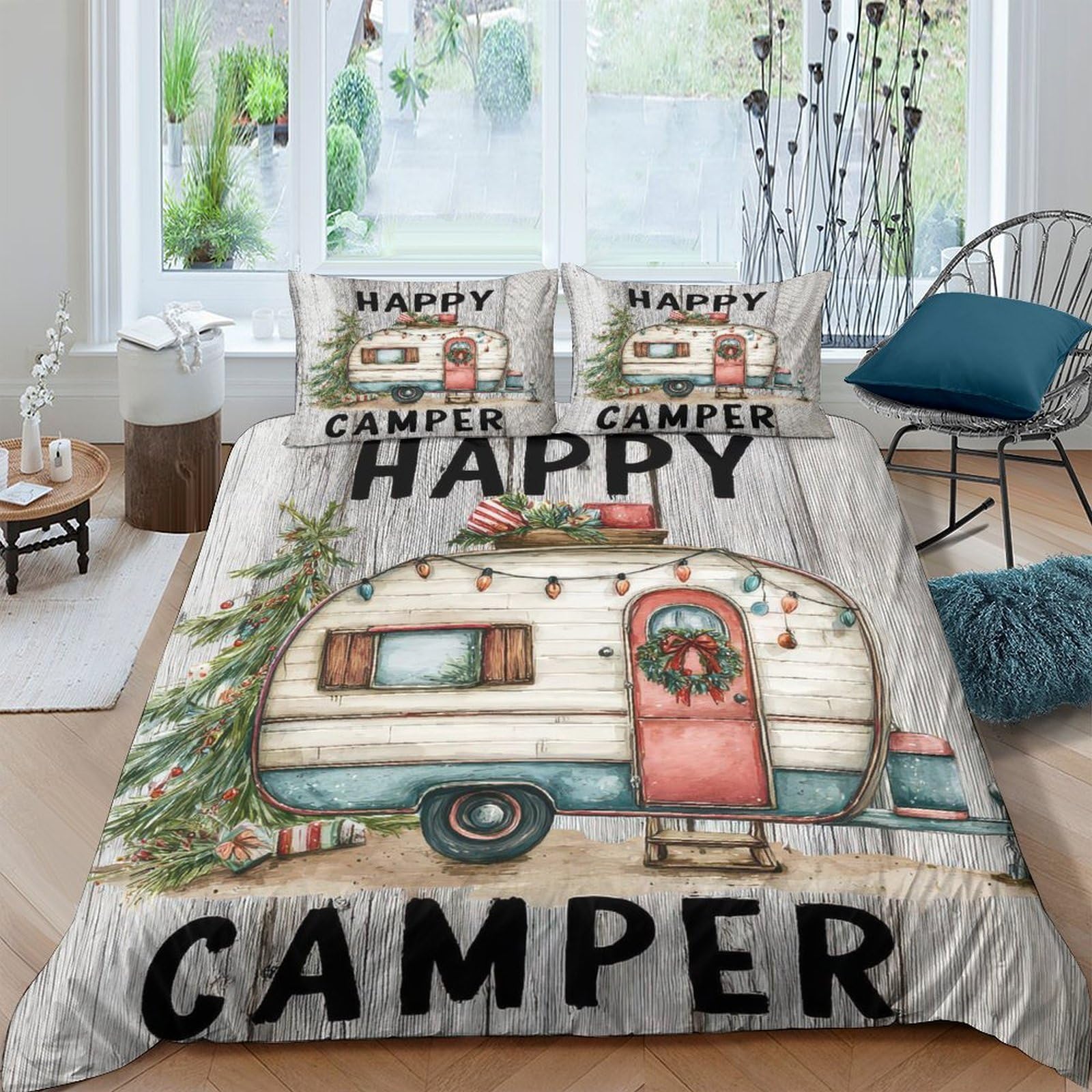 GPLZQXKJNH 3D Printed Caravan Camper Duvet Cover Microfiber Soft Breathable Happy Camper Bedding Set with 2 Pillowcases for Bedroom Decor Single（135x200cm）