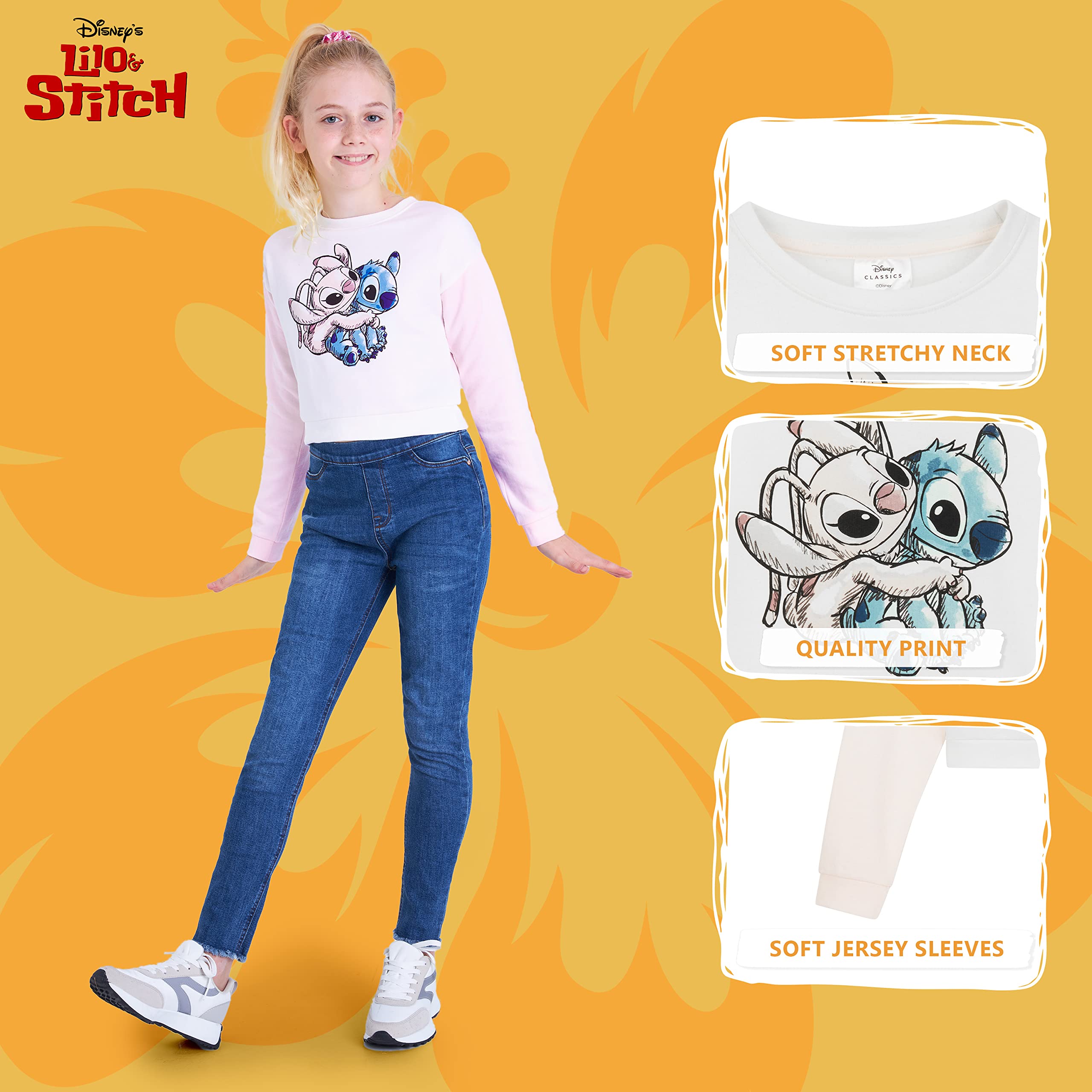Disney Felpa Bambina - Felpa Ragazza 7-14 Anni Felpa Crop Top Girocollo Cotone Misto Gadget Stitch Regalo Bambine