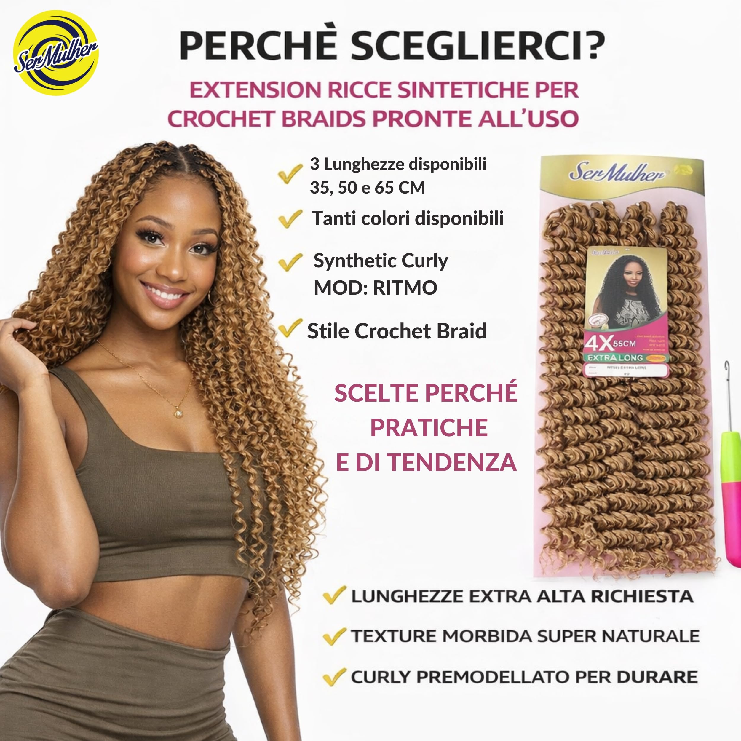 Extension Capelli Sintetici, Ricci per Crochet Braids, Lunghe: 65 cm - Peso: 340 g – Extension Capelli Clip, Ricci Morbidi Effetto Naturale, Natural Blonde, RITMO