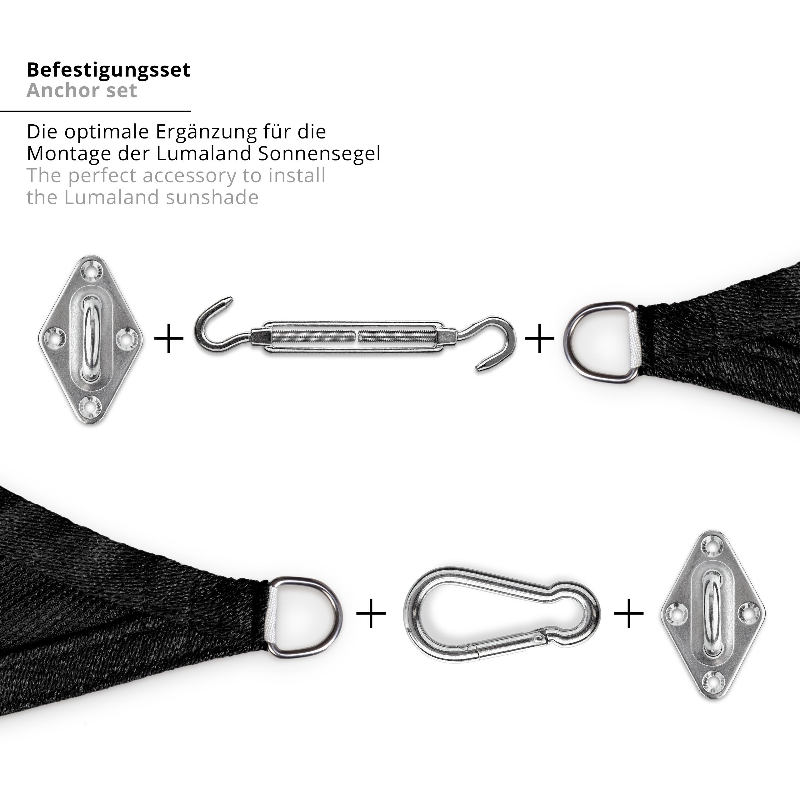 Lumaland Befestigungsset für Sonnensegel | Achtteiliges Fixierungsset für Sonnensegel