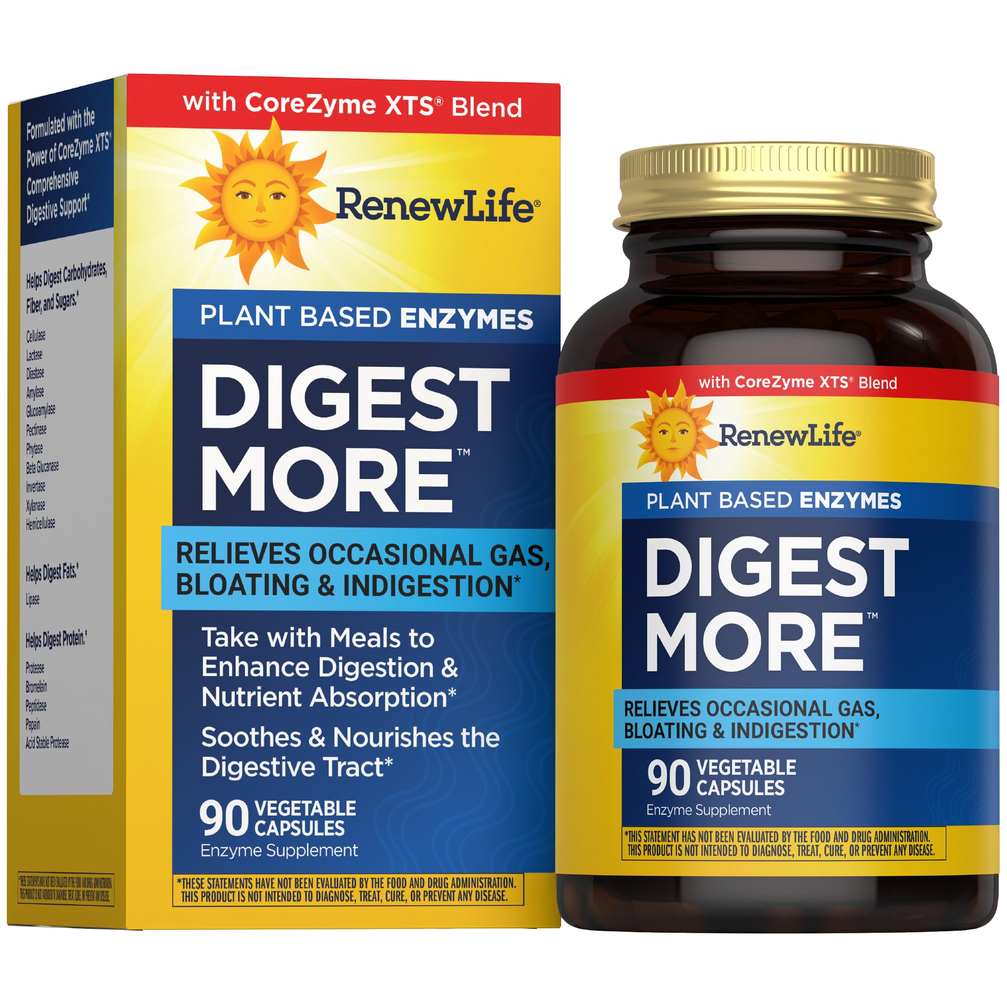 Renew Life Adult Digestive Enzyme - DigestMore Plant-Based Foods Enzyme Formula for Men & Women - 90 Vegetarian Capsules (Package May Vary)