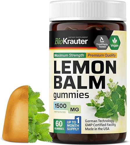 BIO KRAUTER Gomitas de bálsamo de limón, 1500 mg de fuerza, 60 masticables veganos, apoyo a la calma, extracto de hoja de bálsamo de limón, sin