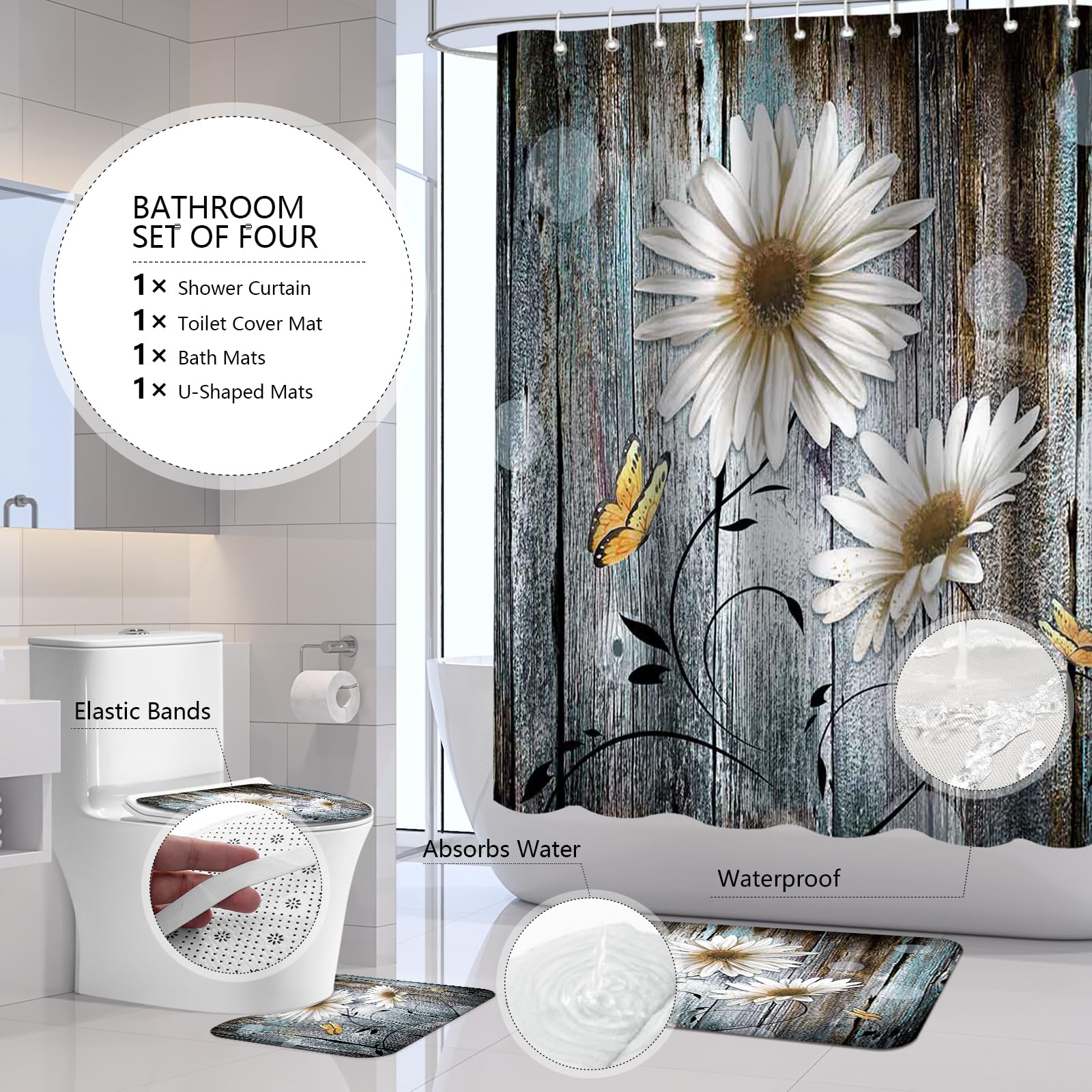 APROPHIC Juego de 4 cortinas de ducha con diseño de margaritas blancas y retro, juego de baño con cortina de ducha y alfombra, alfombrilla para tapa de inodoro y almohadilla en forma de U, lavable con