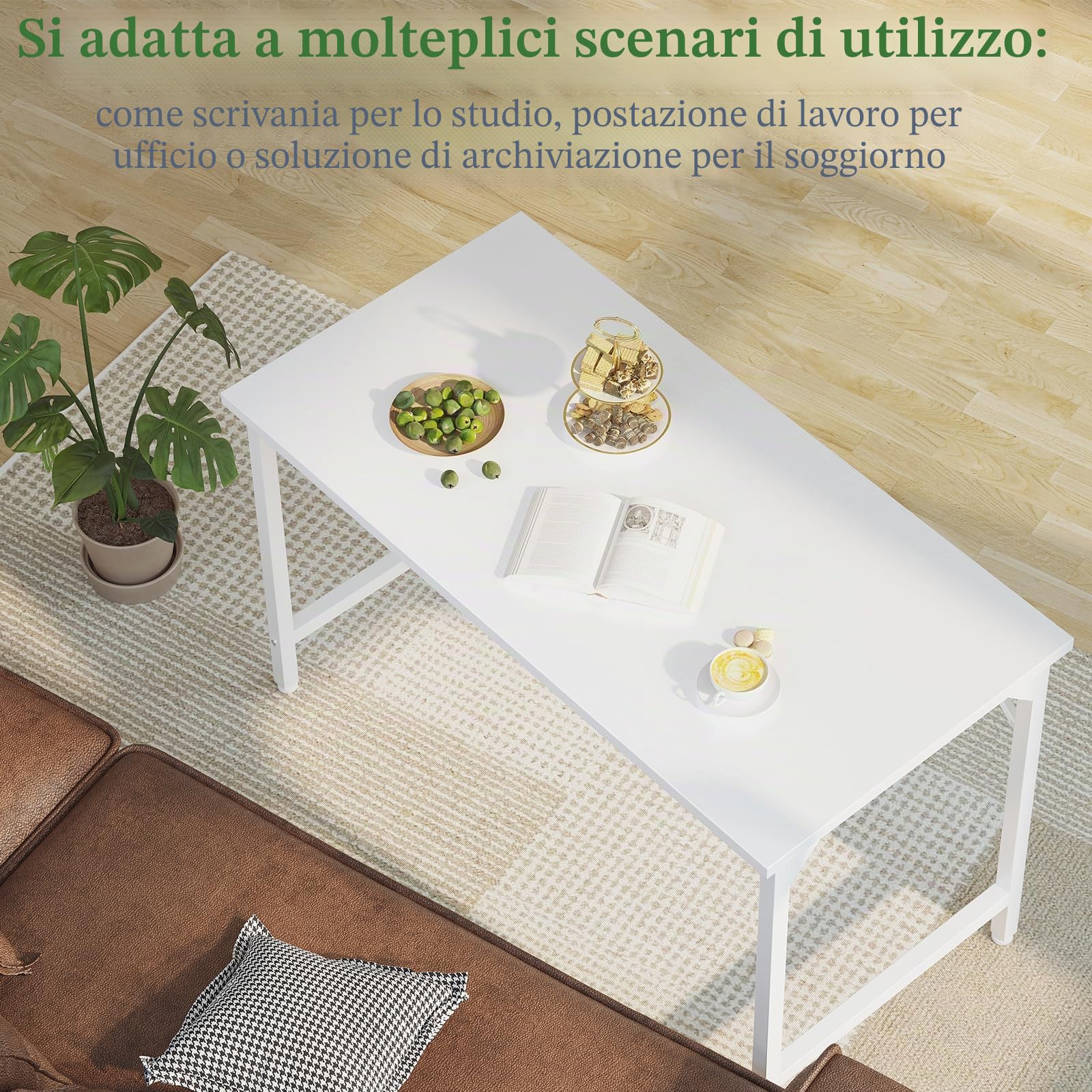 Grandder Scrivania Piccola per Computer 80x40cm, Stile Industriale con Struttura Metallica, con Borsa Portaoggetti e Gancio per Cuffie, Adatta per Ufficio/Studio/Camera da Letto, bianco
