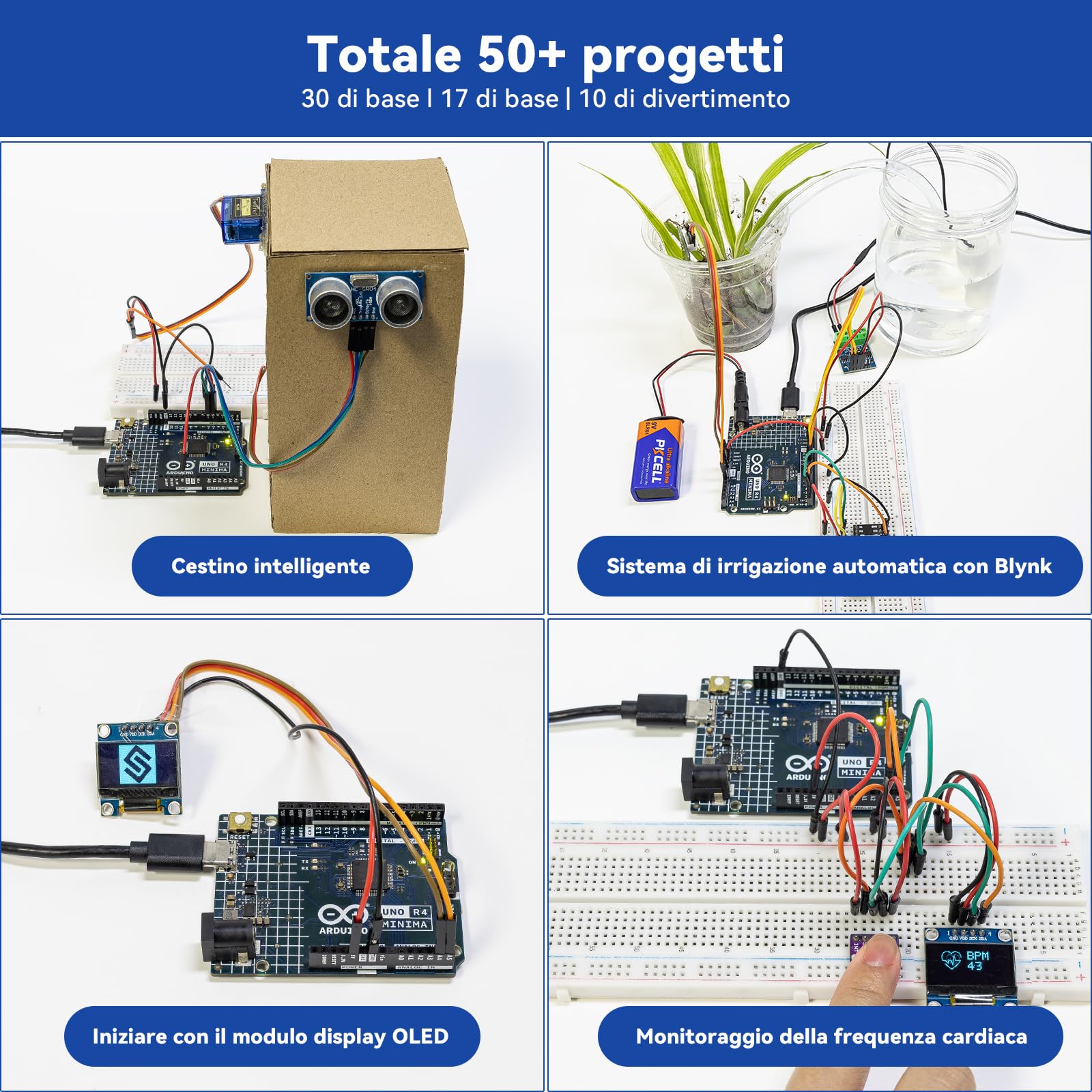 SunFounder Ultimate Sensor Kit con Arduino Uno R4 Minima originale, conforme a RoHS, sensori durevoli IoT ESP8266 IIC LCD1602 OLED, tutorial online e video corsi per principianti e ingegneri