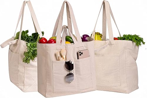 Miniatura 9 de Bolsas de lona de lujo para comestibles espaciosas y elegantes, algodón de 12 onzas con diseño de doble correa, 6+2 bolsillos, lavables  Bolsas