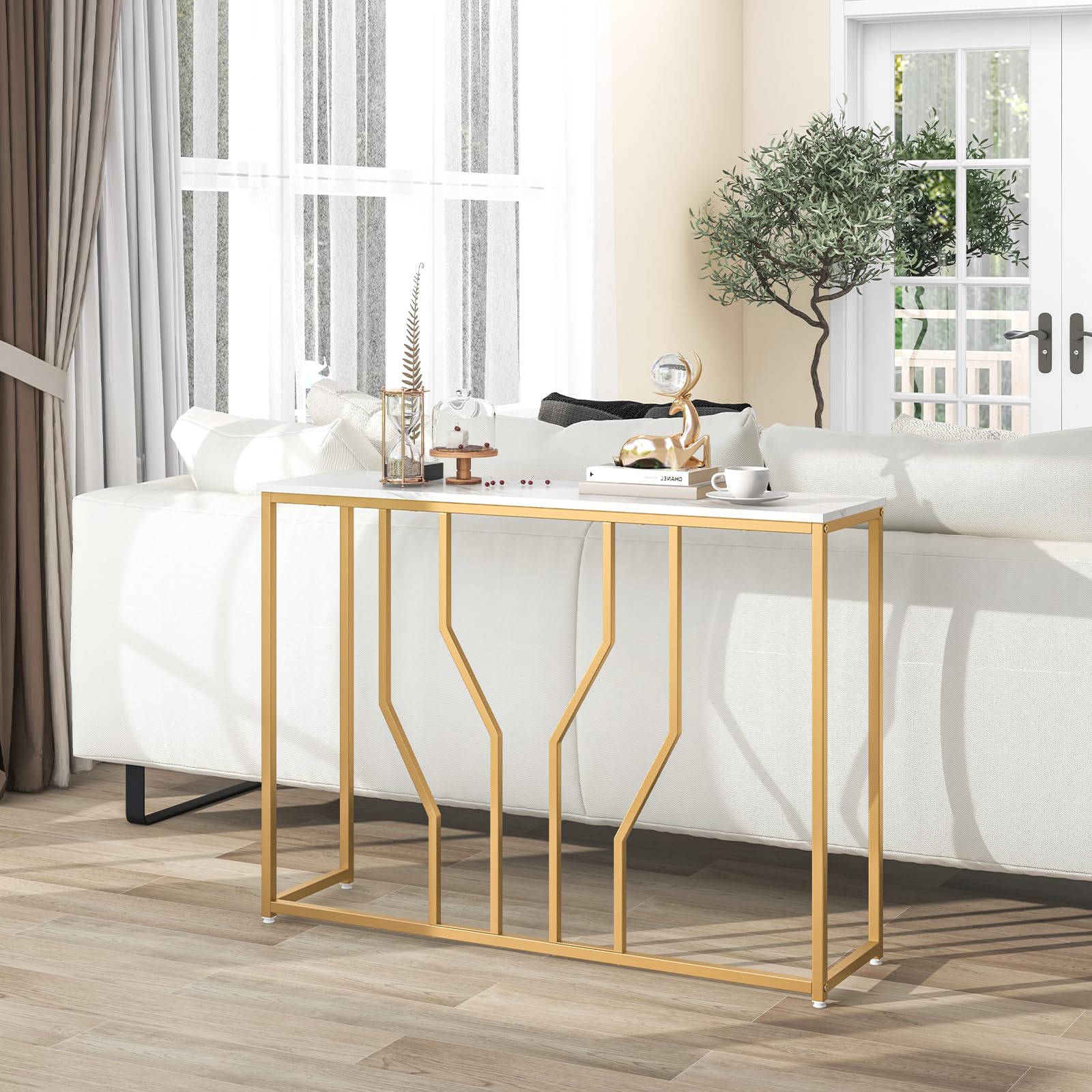GIANTEX Tavolo Consolle Effetto Marmo con Struttura Geometrica | Tavolo da Ingresso Bianco Oro, Tavolino da Divano 110x30x80 cm