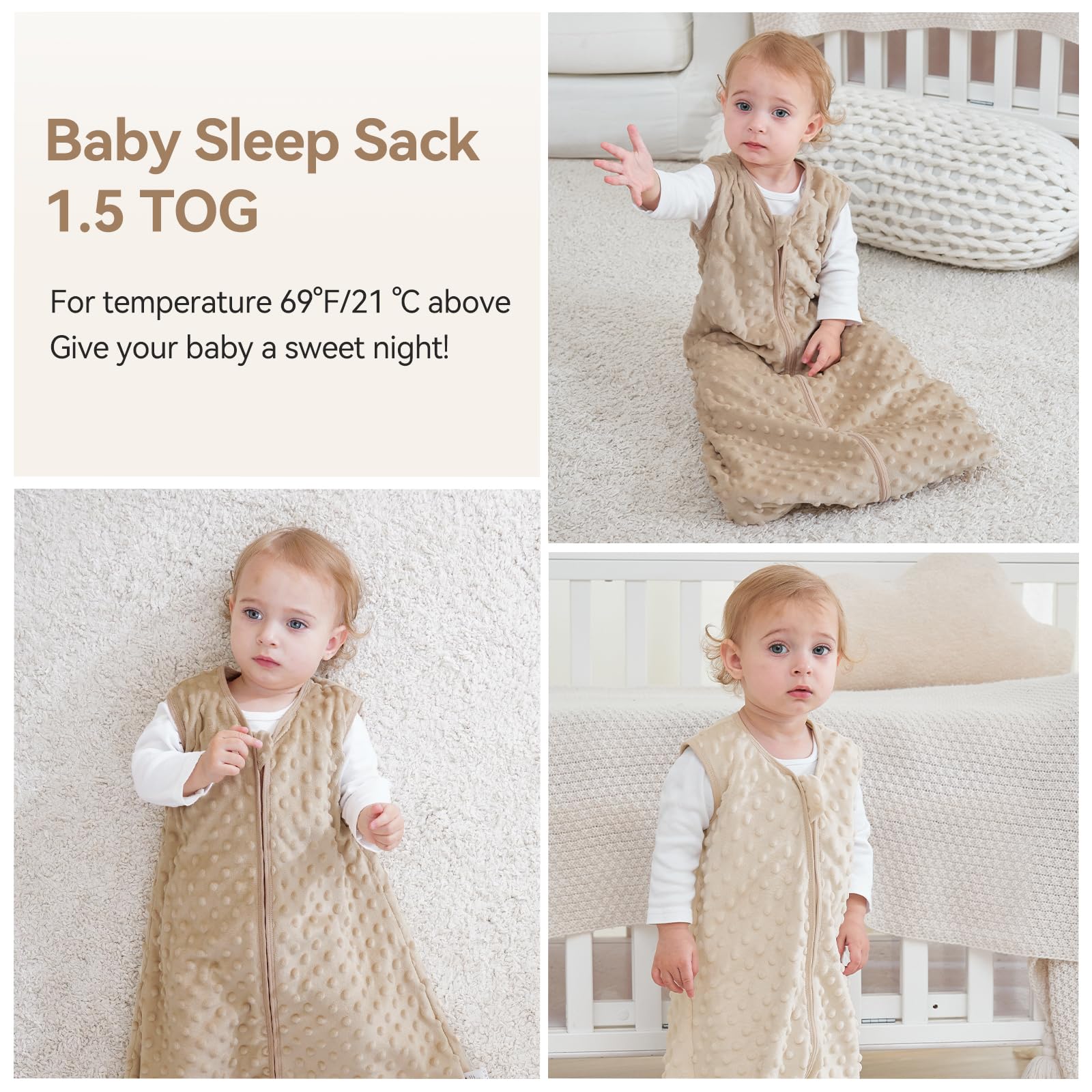 Unnivoll Baby Sleeping Bag 1.5 Tog with Plush Dots Sleep Bag 2 Pack Baby Sleep Sack Wearable Blanket for Newborn Infant 6-12 Months Coffee — view 7