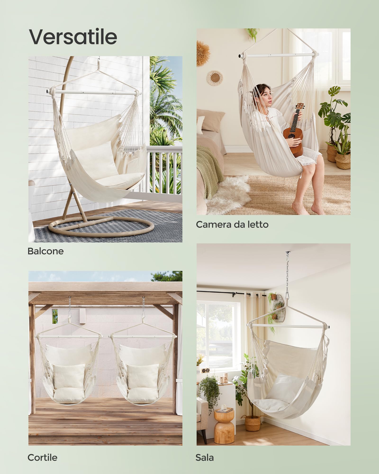SONGMICS Sedia Amaca, Grande Sedia Sospesa con 2 Cuscini, Sedia a Dondolo con Catena, Capacità 150 kg, per Interni, Esterni, Soggiorno, Camera da Letto, Bianco Crema GDC197M01