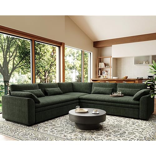 Belffin Large Modular Sectional Sofa with Double 61" Loveseat, Corduroy Corner Couch with 9" Soft Dual-Layer Seats Cushion for Living Room, Apartment, Small Sapce, Green