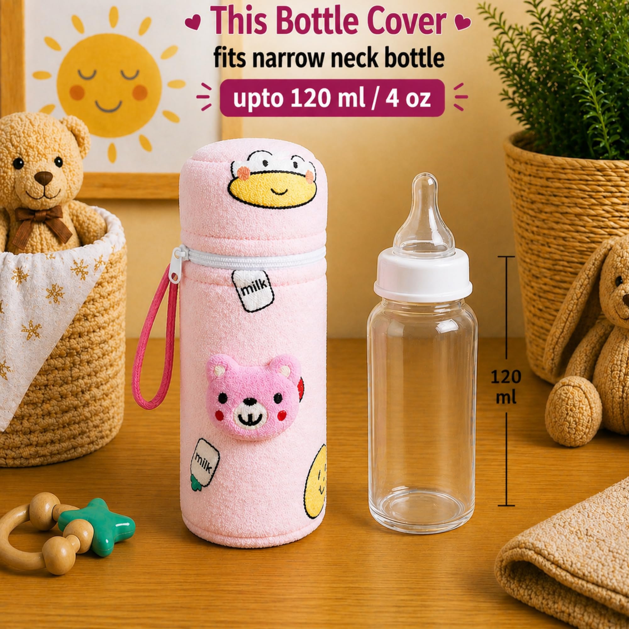 THE LITTLE LOOKERS Soft Plush Stretchable Baby Bottle Cover with Easy to Hold Strap | Cute Animated Overall Print Pack of 2 (Pink & Yellow, Zip Closure 120ml,150ml)