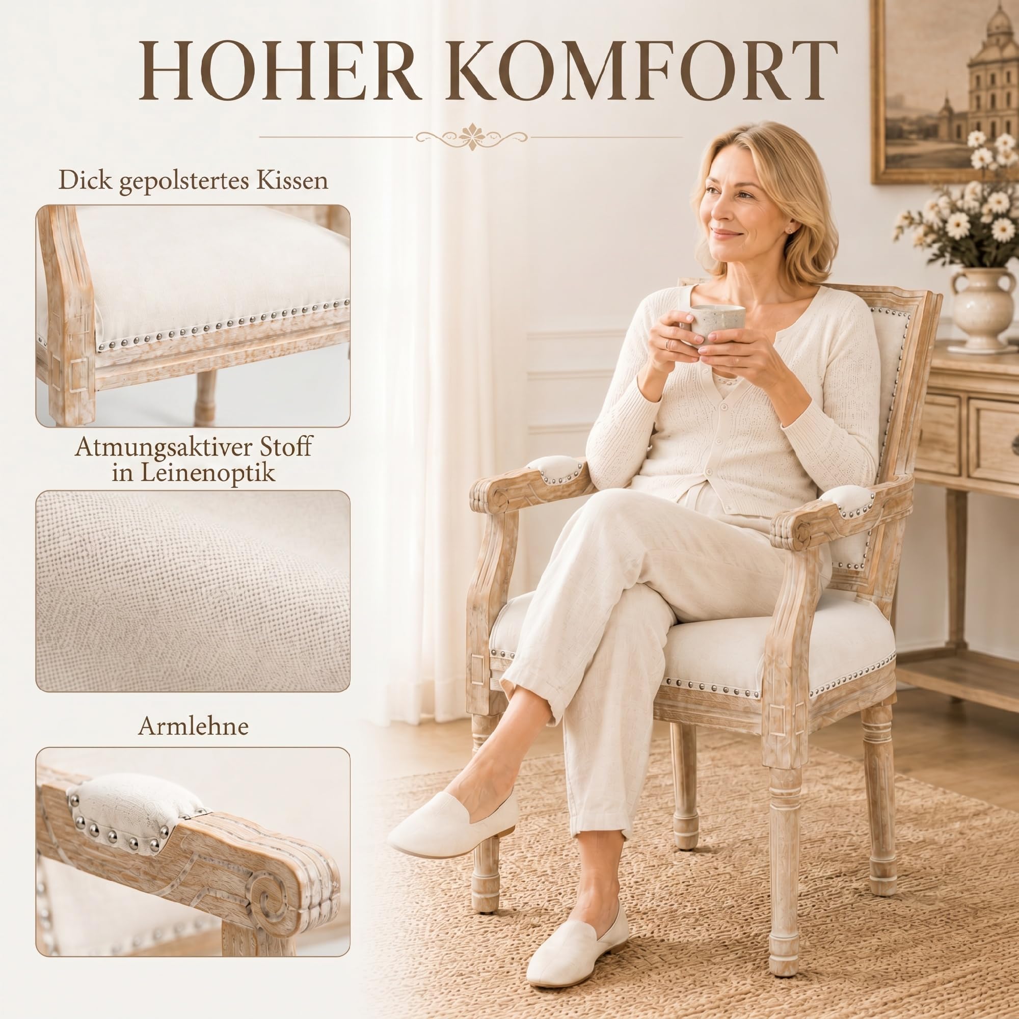 HOMCOM Esszimmerstuhl mit Rückenlehne, Leinenoptik, Holzbeine, Cremeweiß