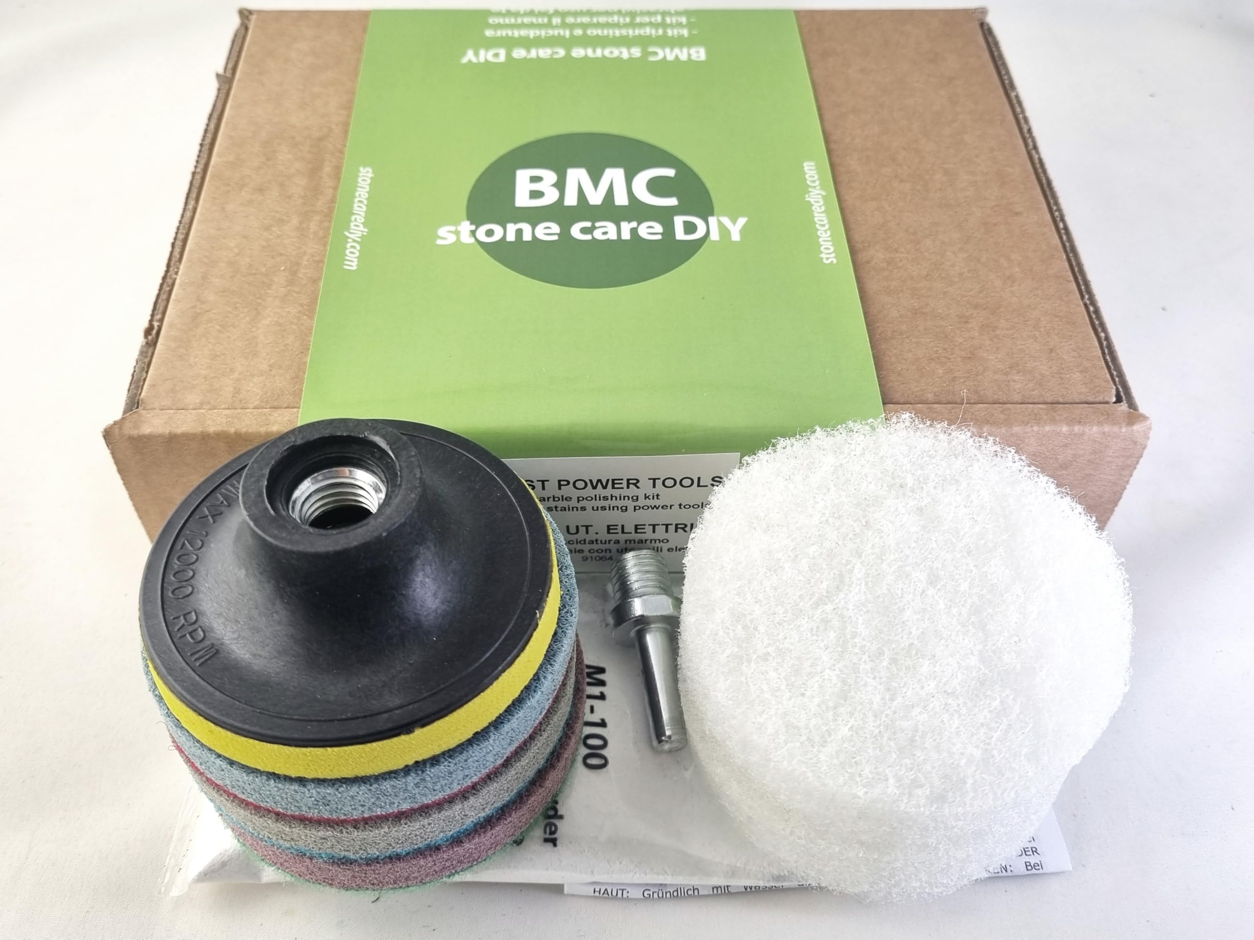BMC V_FAST PT kit lucida marmo per utensili elettrici con dischi abrasivi diamantati 3”, pad in nylon TNT non abrasivi, polvere lucidante, platorello, pin adapter. Da usare con levigatrice o trapano