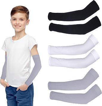 3 Pairs Kids Arm Sleeve, Cooling Compression Sleeve UV Sun Protection Arm Sleeves for Baseball Volleyball Basketball Football Youth Boys & Girls Black White Grey