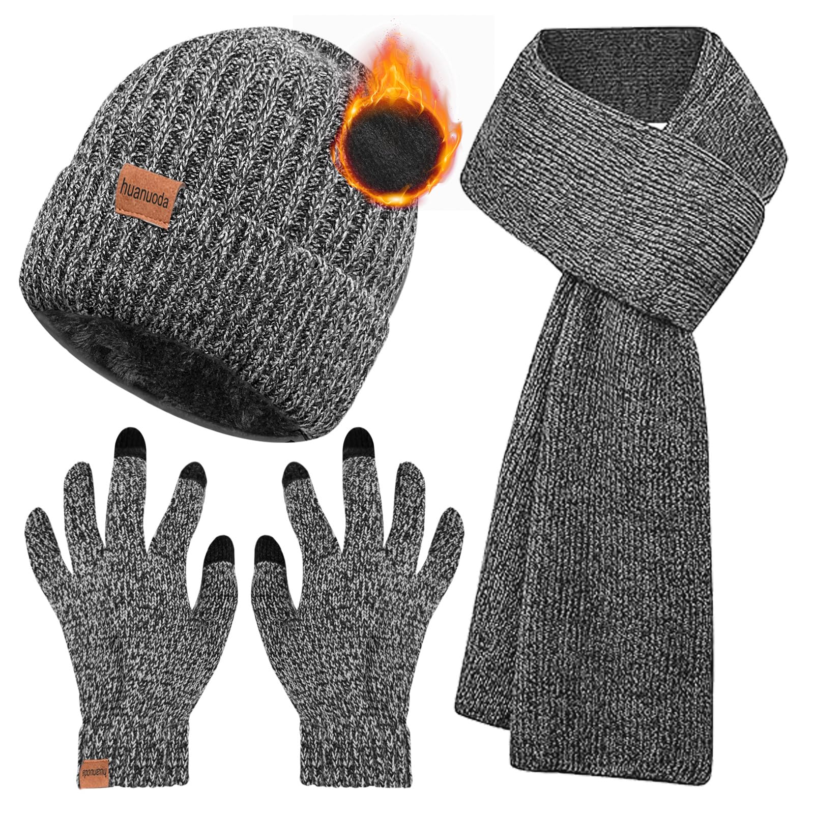 3PCS Winter Beanie Hat Scarf Touchscreen Gloves Set for Men and Women, Knitted Fleece Lined Hats Thermal Gloves Long Scarf