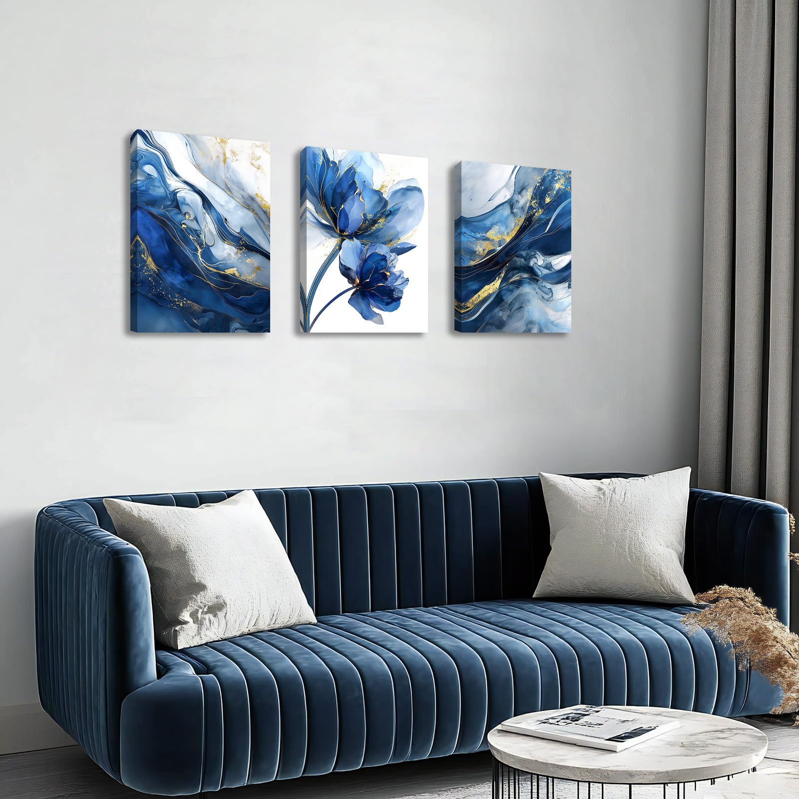 3 Pcs Wooden Framed Canvas Wall Art Canvas Prints Watercolour Gold Blue Lotus Flower Painting Abstract Navy Blue Marble Pictures for Living Room Bedroom Bathroom Hallway Home Wall Decor 40x60 cm x3pcs - Image 2