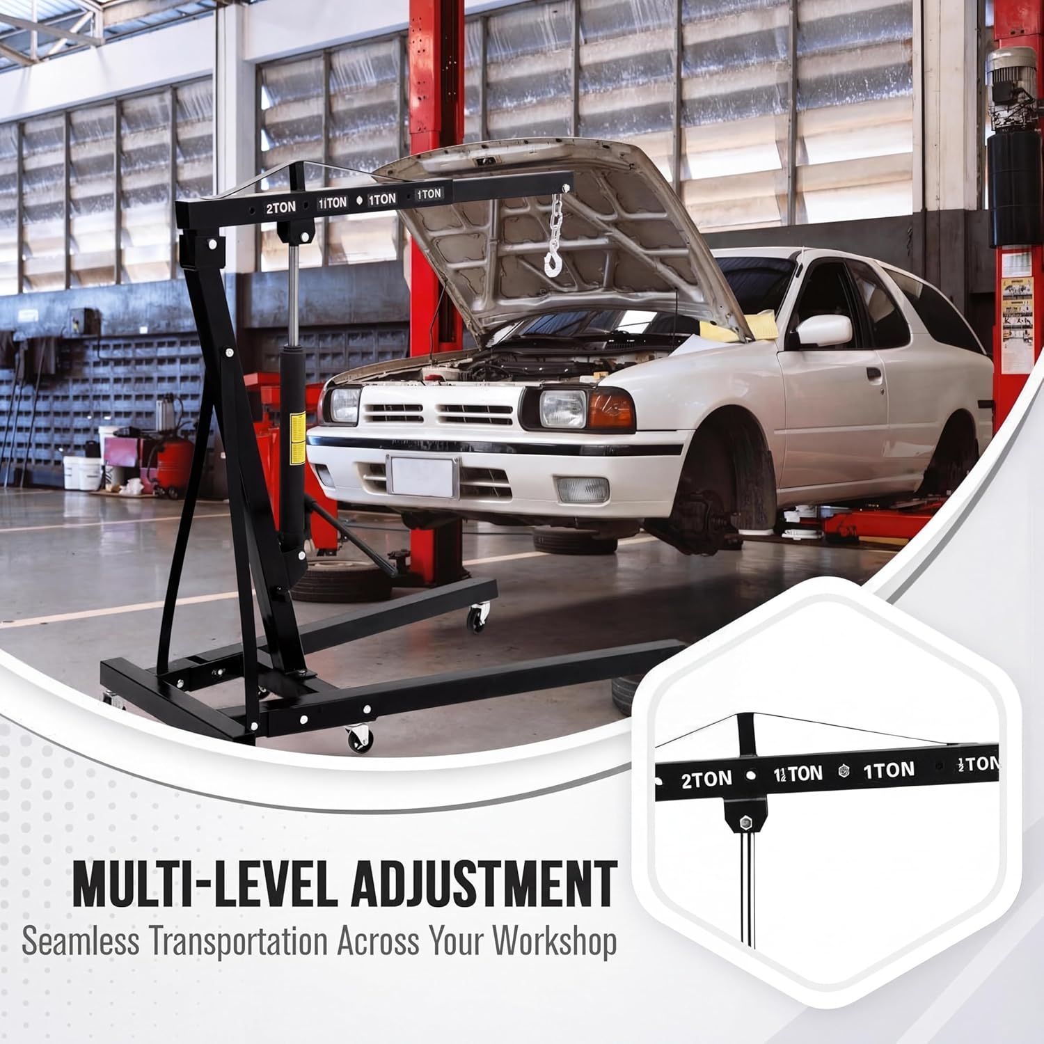 2 Ton Engine Hoist Foldable Cherry Picker - Heavy Duty Hydraulic Engine Lift, Automotive Garage Engine Crane