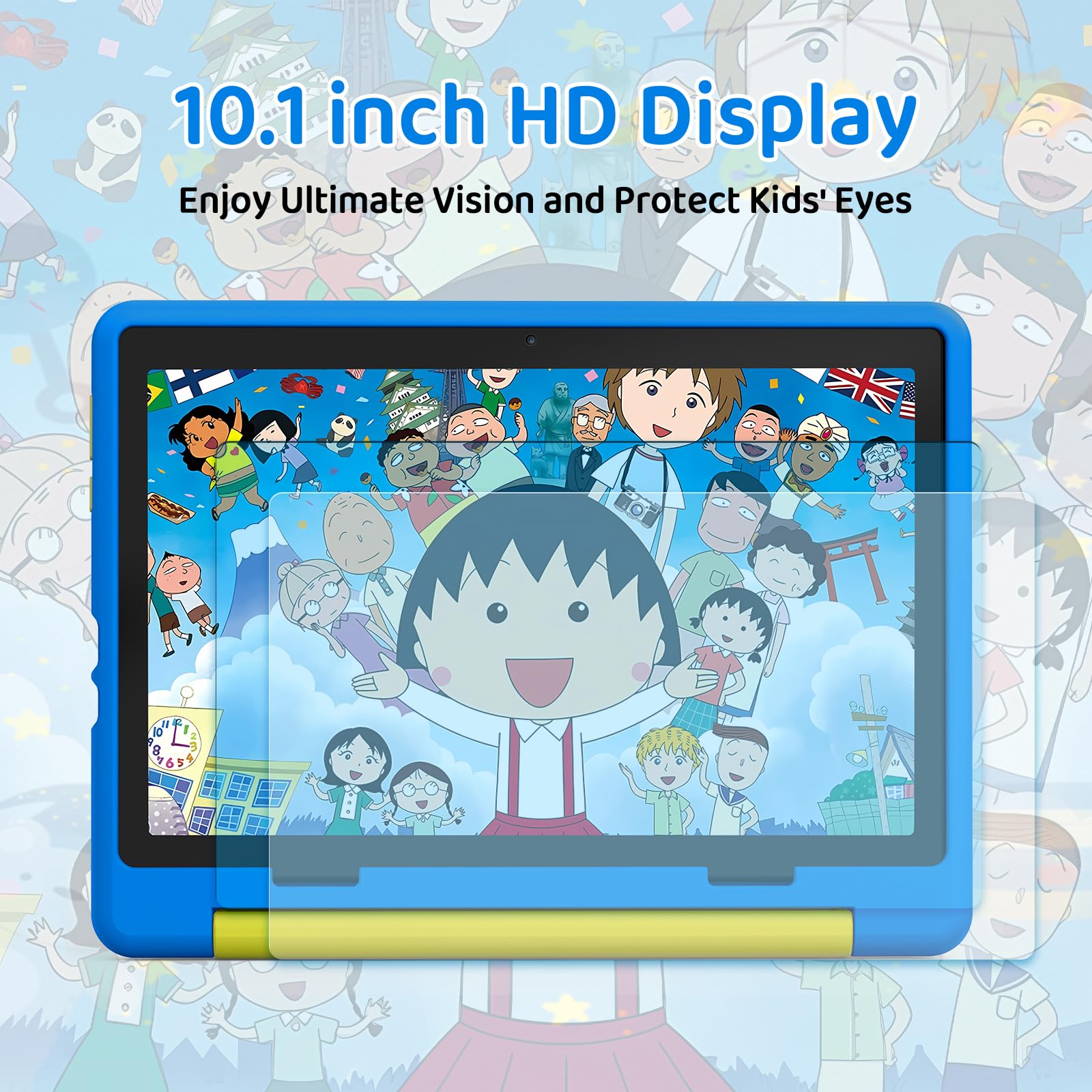 Vekoy Tablet Bambini 10 Pollici Android 14 Display HD 1280x800 Batteria 5000mAh 8+64GB Espandibile a 1TB Doppia Fotocamera 5+8MP Custodia Protettiva + 3 Adesivi DIY (Blu)