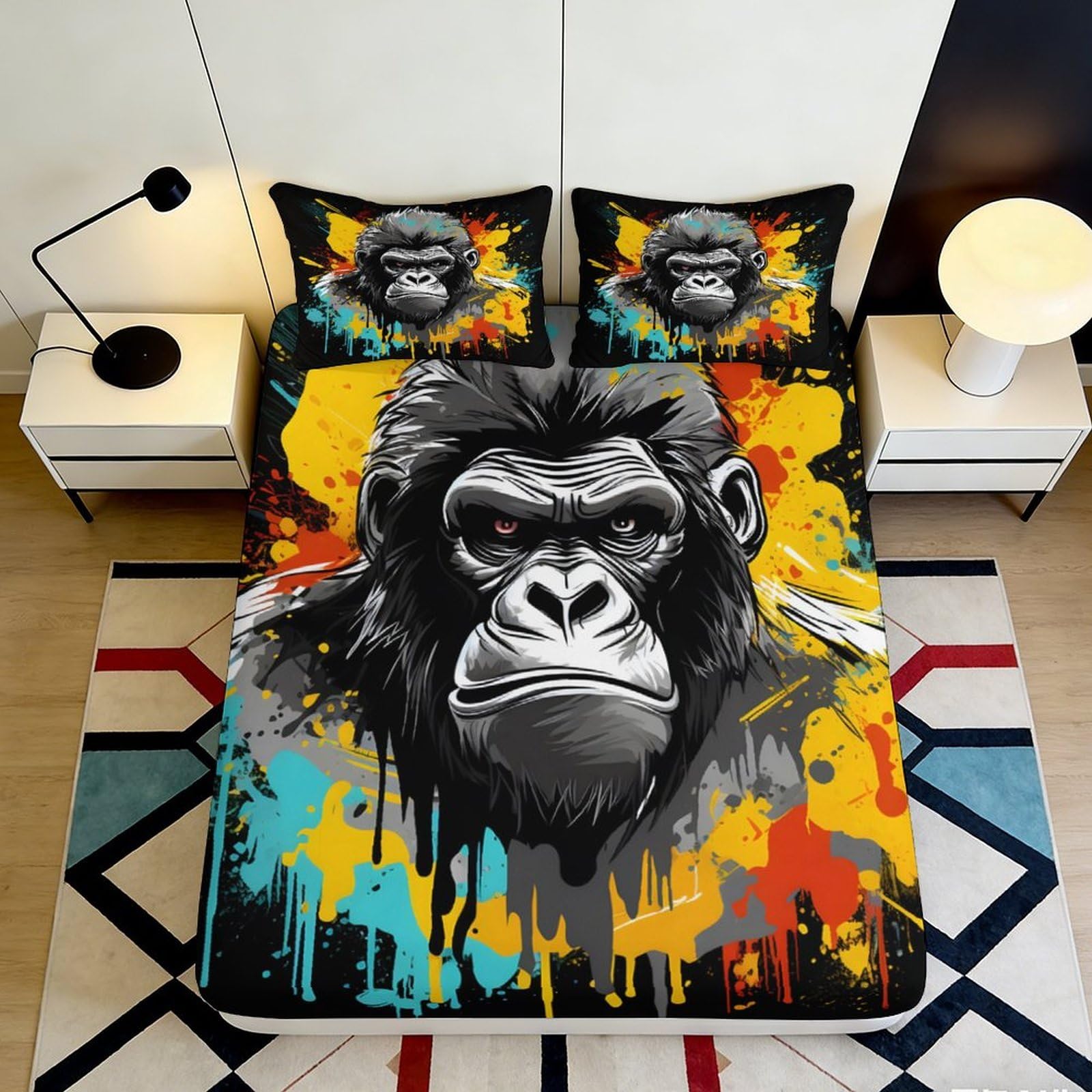 3D Printed Graffiti Gorilla Fitted Sheet Microfiber Vibrant Splash Bed Sheet Mattress Cover for Bedroom Dorm Decor 90x200x25cm