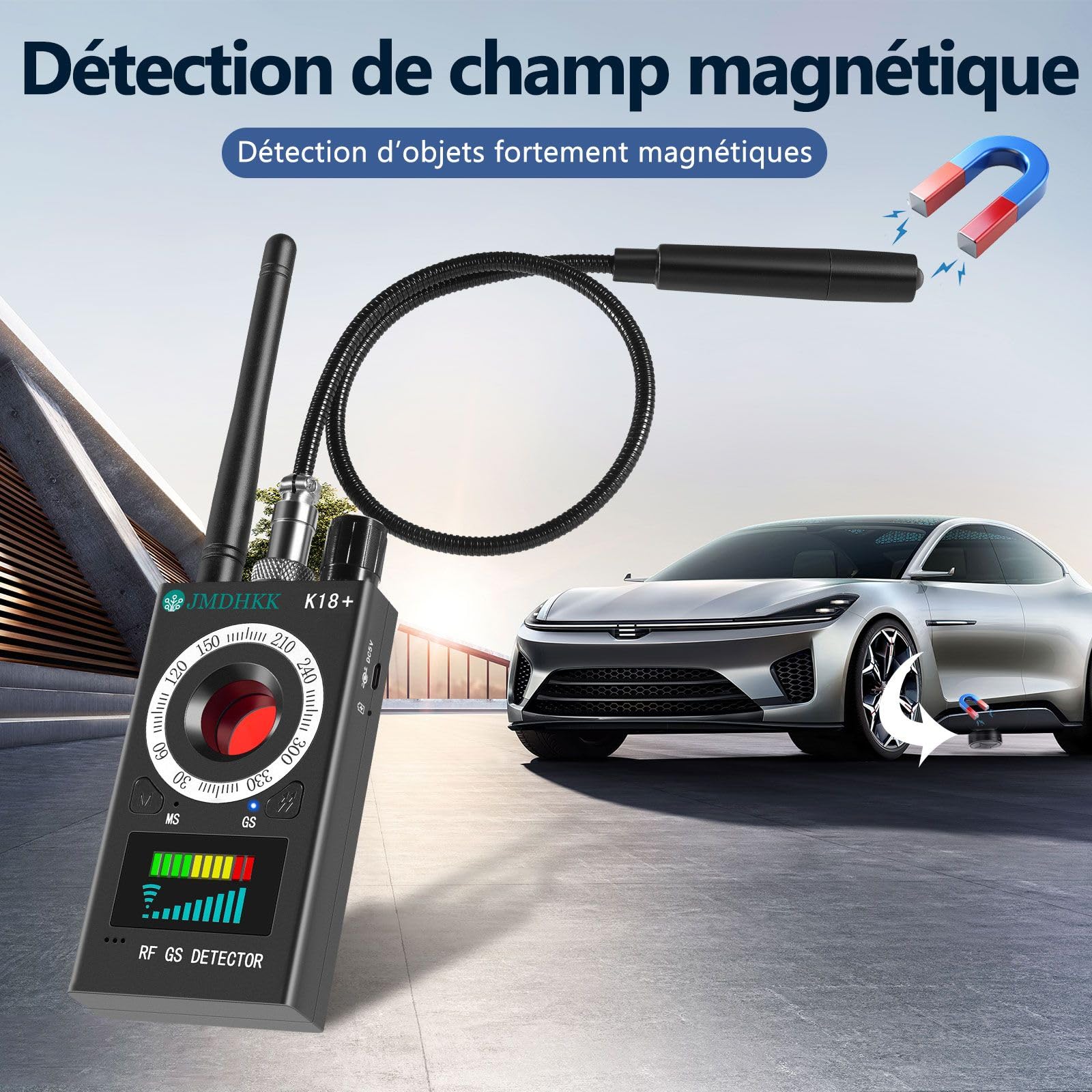 JMDHKK K18+ Détecteur de Signaux RF avec Détection Magnétique et Optique des Lentilles – Appareil de Protection de la Vie Privée pour Maison, Bureau, Hôtel et Voyage (Noir)