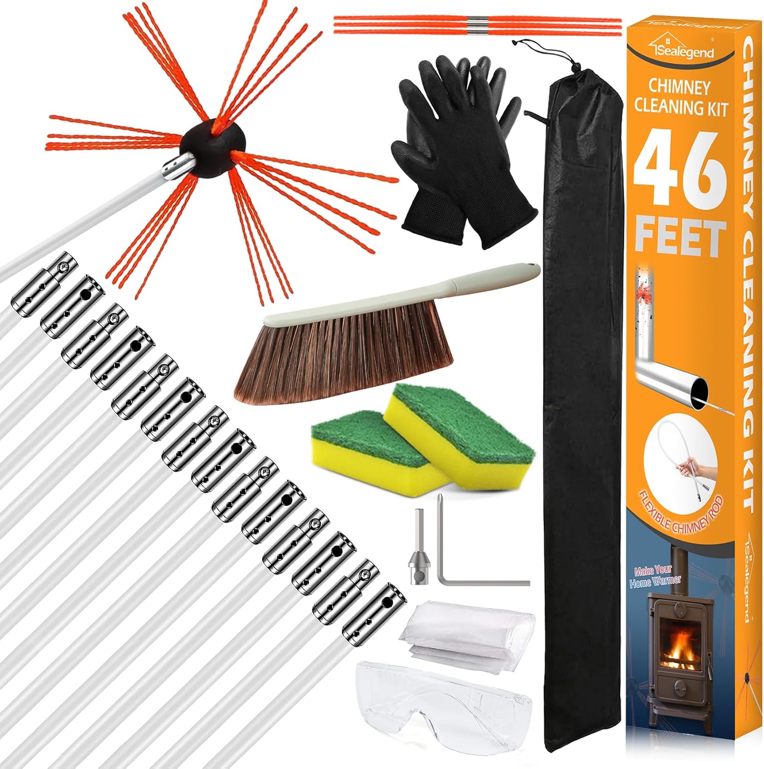 Sealegend 46 Feet Chimney Cleaning Kit Chimney Brush, Chimney Sweep Kit and Chimney Cleaning Logs Fireplace Tools Set with 14 Flexible Rods