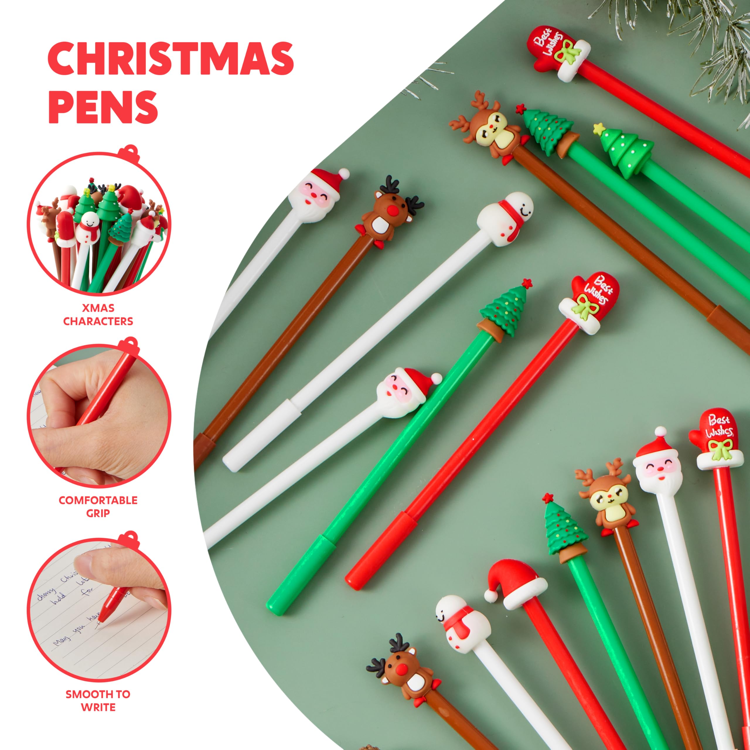 120 Pcs Christmas Gel Ink Pen Bulk, 24 Style Novelty Christmas Series Rollerball Pens Black Gel Ink Xmas Tree Snowman Reindeer Santa Claus Shape Pen For School Kids Student Christmas Party Supplies - View #9