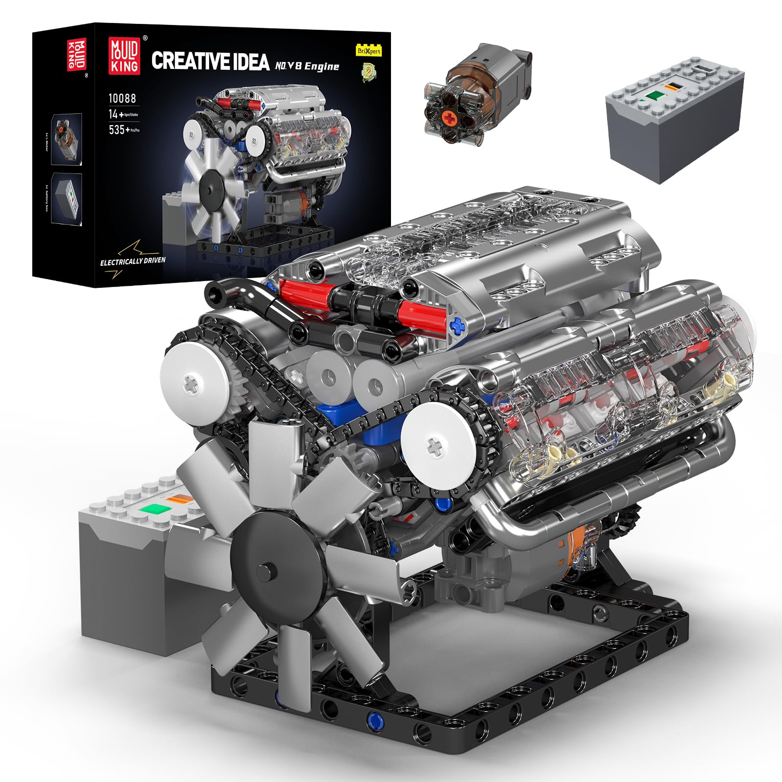 Mould King 10088 Technik V8 Engine Building Blocks Engine Model Clamping Blocks Simulation Motor with Functional Engine Kit (535 Pieces)
