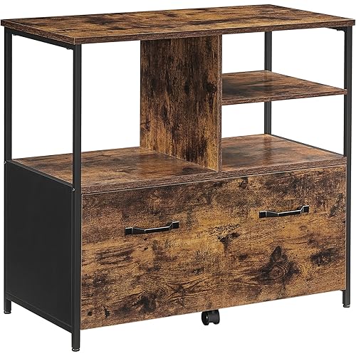 VASAGLE Filing Cabinet for Home Office, File Cabinet with Open Shelves and Drawer, for A4 and Letter Sized Documents, Printer Stand with Casters, Industrial, Rustic Brown and Black UOFC043B01